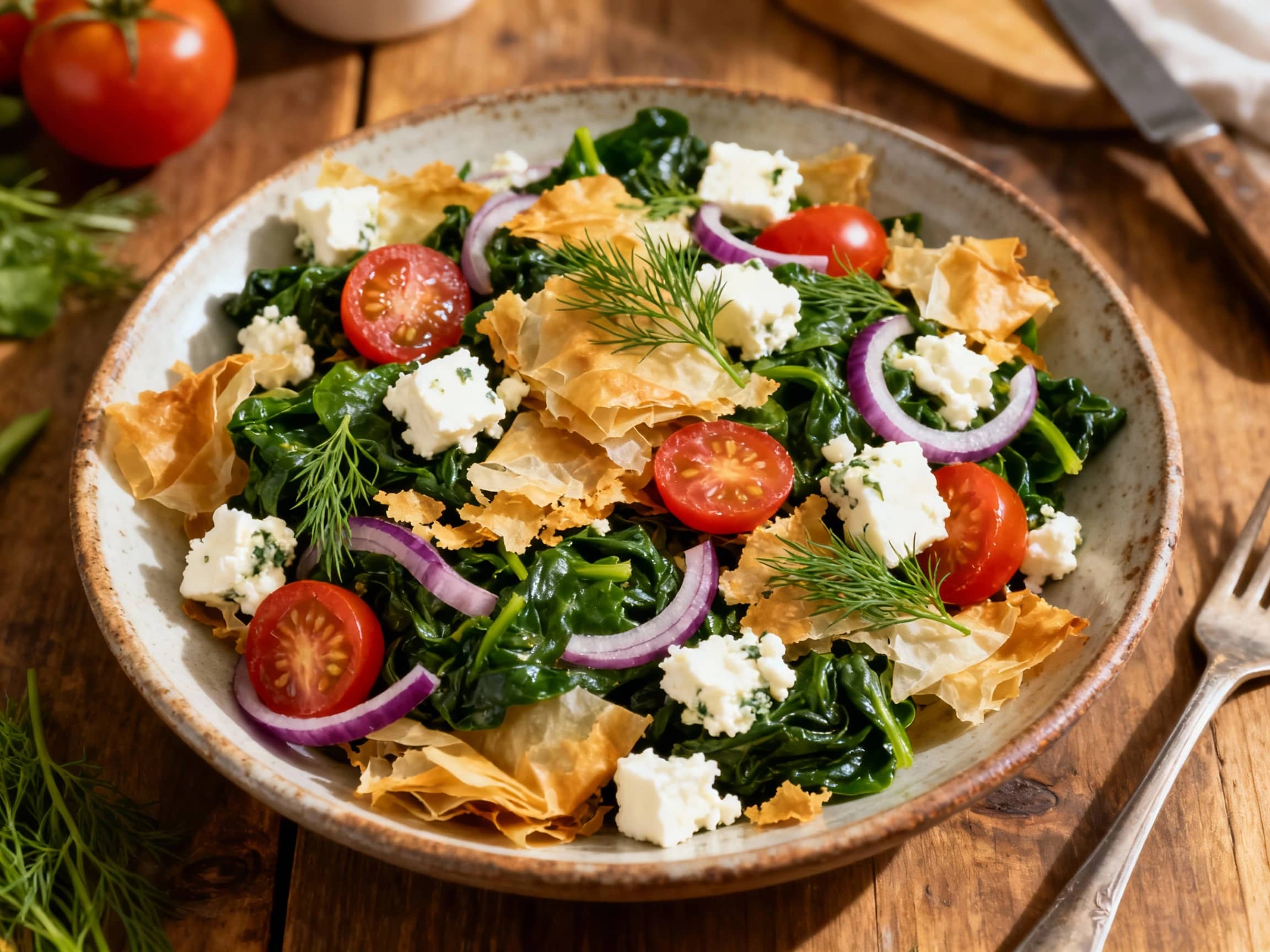 Fluffy feta cheese, vibrant spinach, and crispy phyllo shards are artfully scattered across a white plate, creating a deconstructed spanakopita salad begging to be devoured.