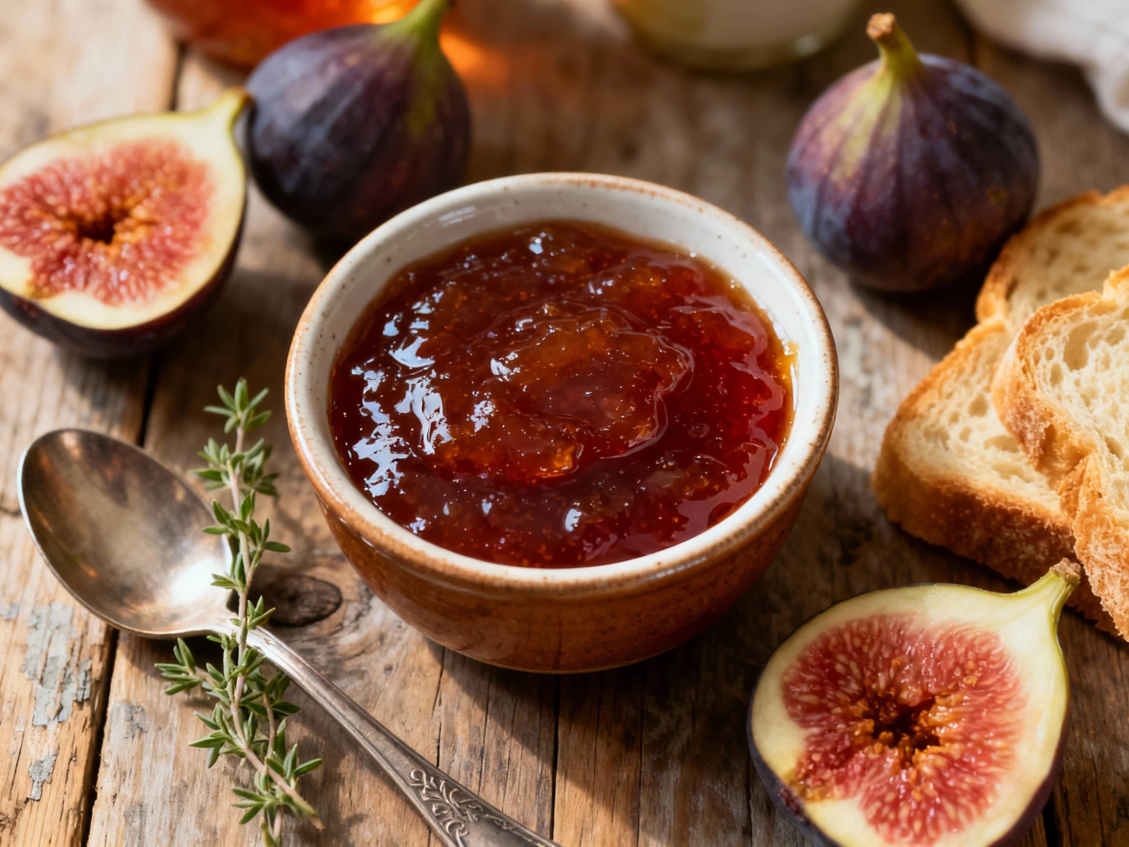 A rustic glass jar of homemade fig and bourbon jam, partially open, with a wooden spoon scooping out a glistening portion, revealing chunks of fig. The jam is a beautiful deep purple color. In the background, a cheese board is artfully arranged with different cheeses, crackers, and fresh fig slices, suggesting a sophisticated pairing. The scene is bathed in natural light, evoking warmth and a gour