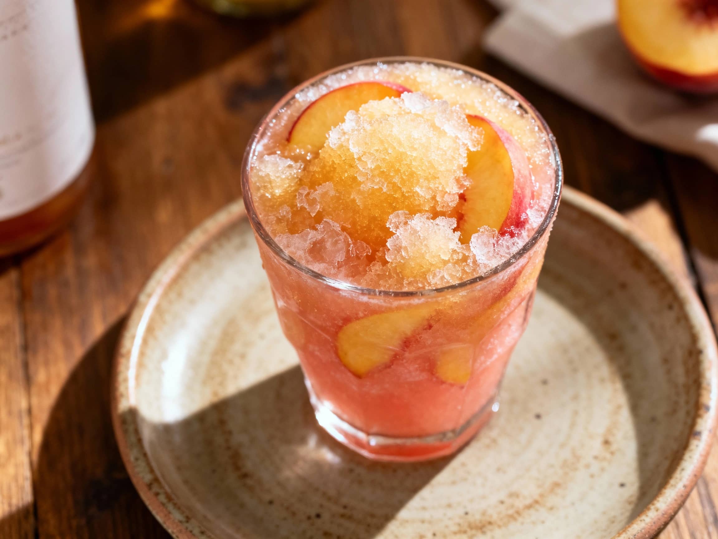 A frosty glass of frozen peach wine slush features a vibrant orange hue, blended smooth with ice and garnished with a fresh peach slice perched on the rim, ready for a refreshing sip.