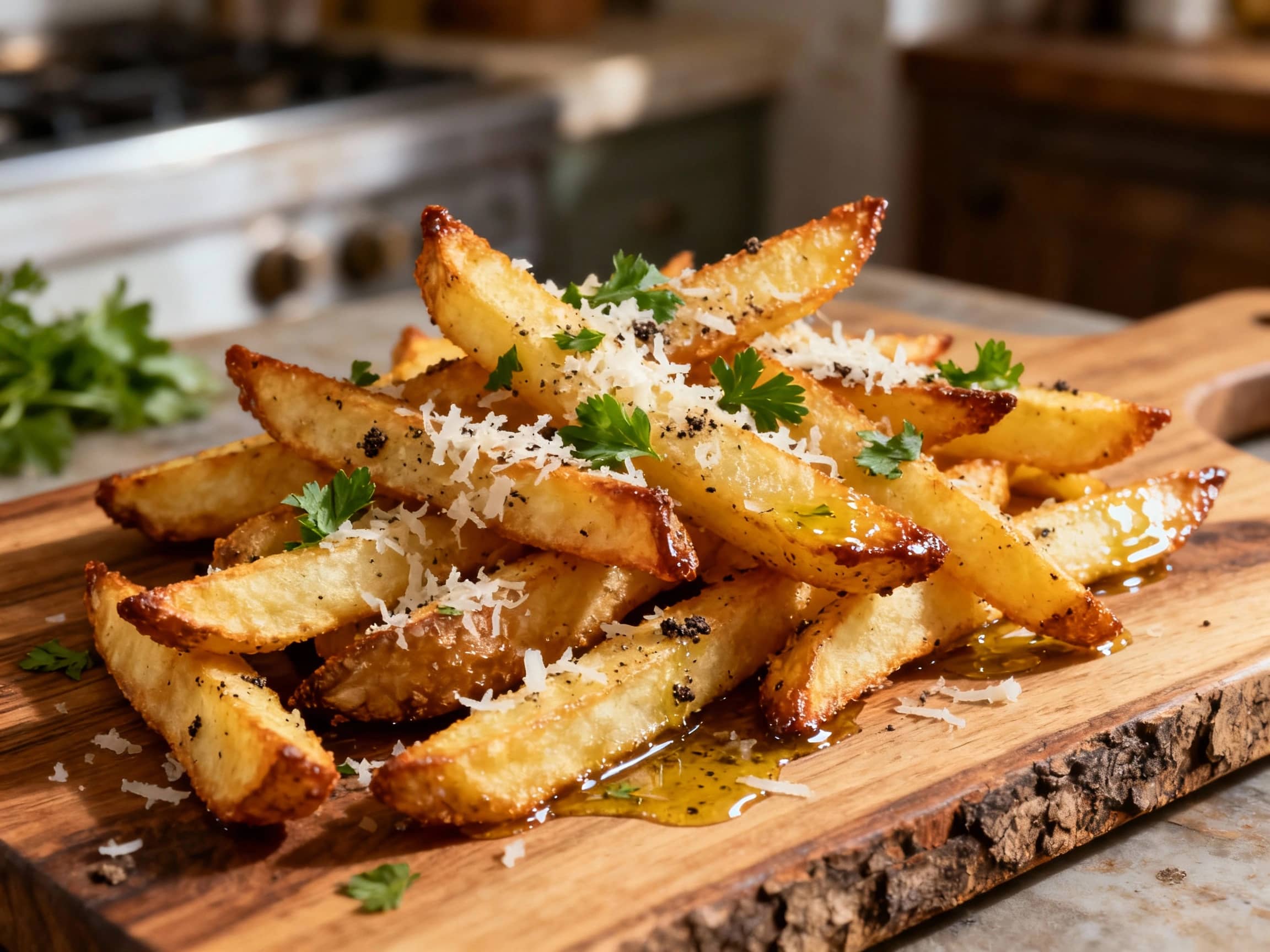 Crispy golden french fries are generously coated in grated Parmesan cheese, chopped parsley, and a drizzle of truffle oil, piled high on a rustic wooden board.