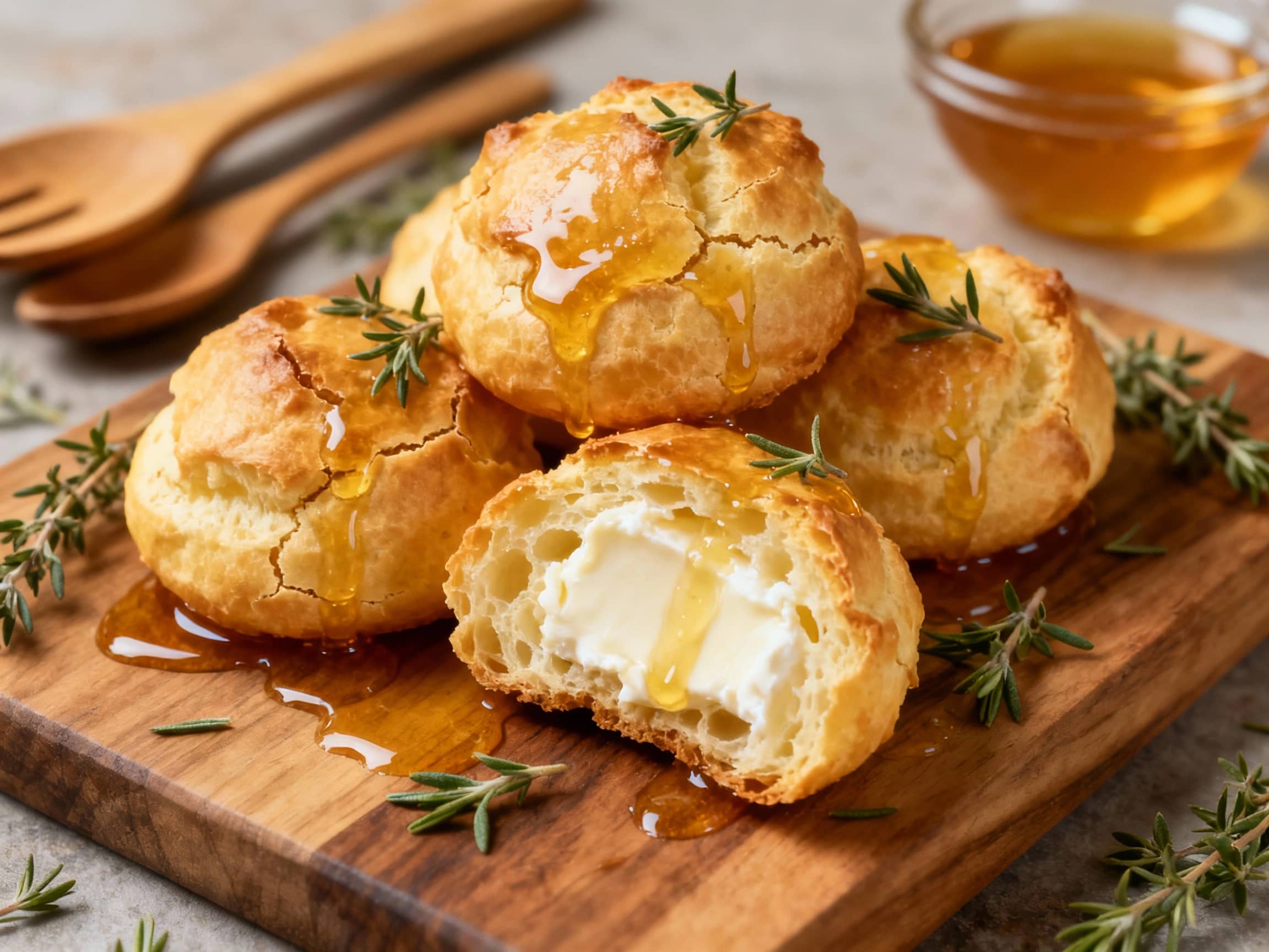 Golden-brown, airy goat cheese gougères are lightly drizzled with honey and sprinkled with fresh thyme, creating an inviting appetizer.