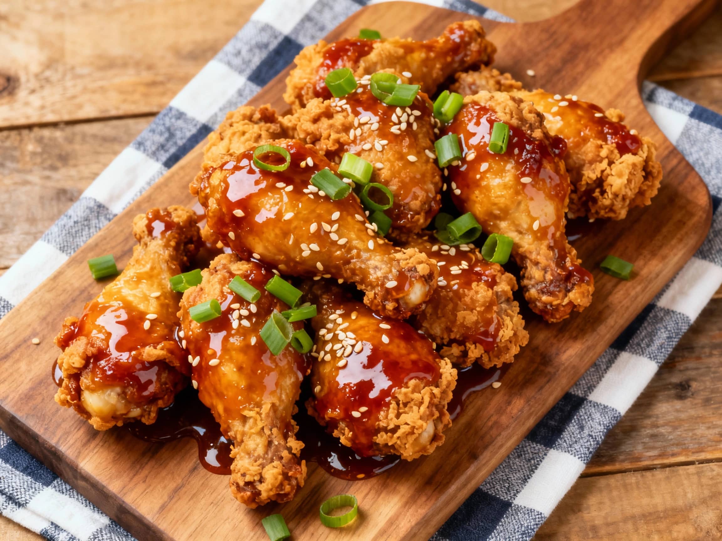 Crispy, golden-brown fried chicken pieces coated in a glossy, vibrant red gochujang honey glaze, presented on a rustic wooden board with a scattering of sesame seeds and fresh green herbs.