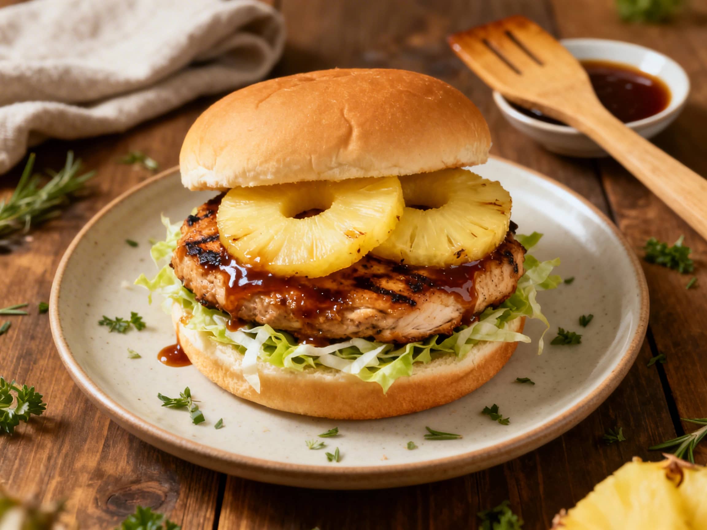 A beautifully plated Hawaiian Teriyaki Chicken Burger, featuring a thick chicken patty glazed with teriyaki sauce, crowned with a golden grilled pineapple slice, vibrant green lettuce, and thinly sliced red onion. The burger is served on a toasted brioche bun and rests on a rustic wooden cutting board, conveying a fresh, delicious, and slightly exotic meal, perfect for a casual outdoor gathering.