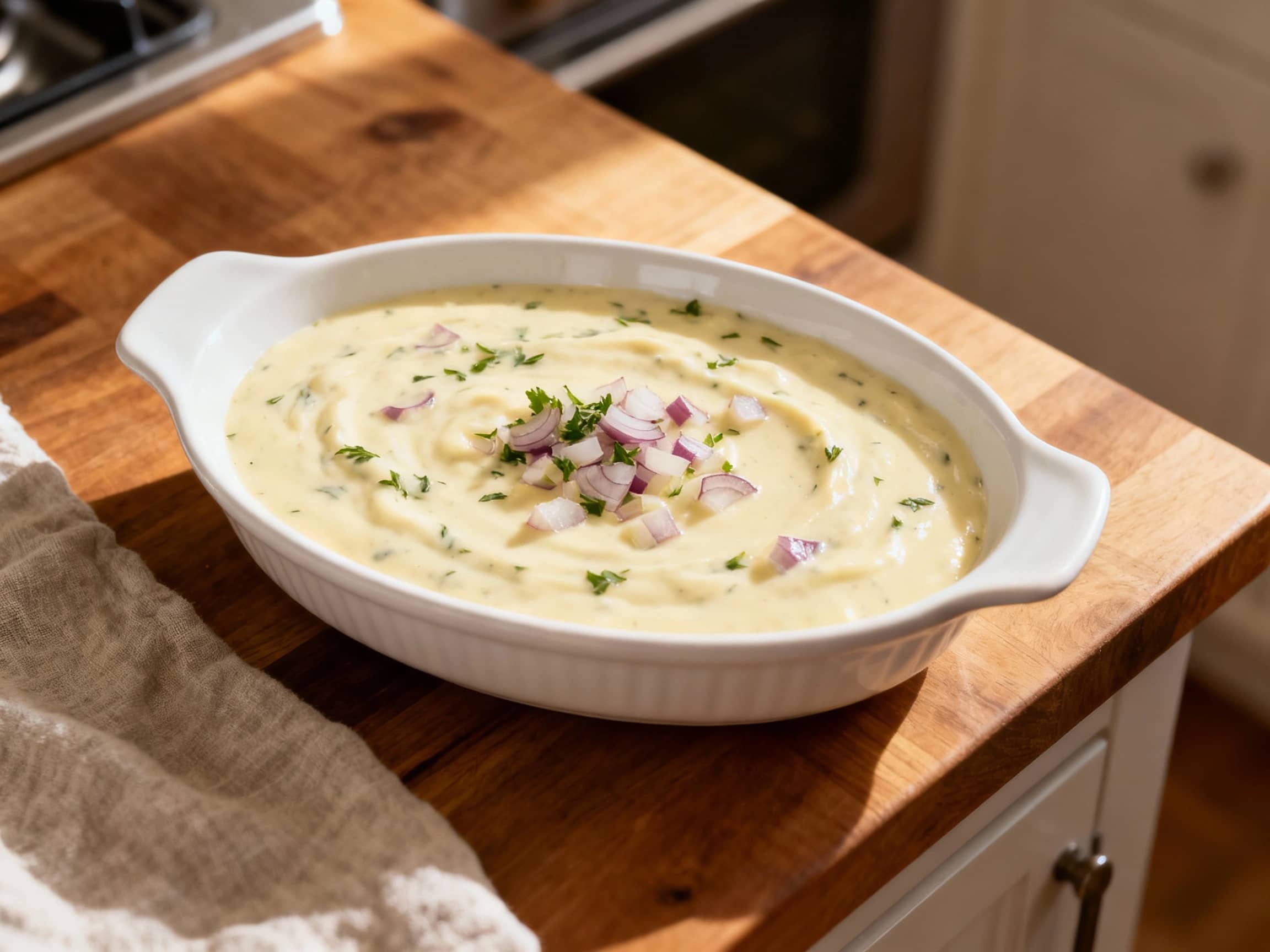 A creamy, pale yellow Béchamel sauce simmers gently in a stainless steel pan, flecked with fresh green herbs and finely minced shallots, ready to be spooned over pasta or vegetables.