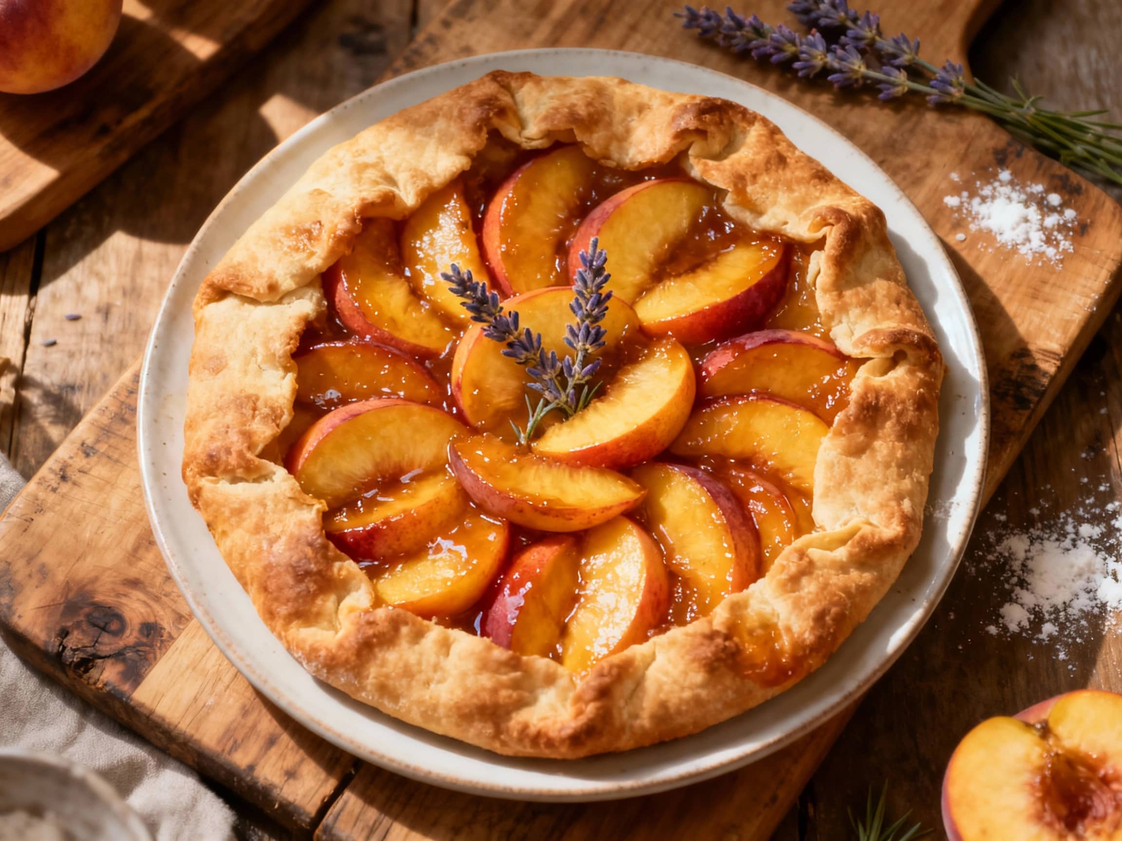 A rustic, free-form honey lavender peach galette sits golden-brown on a wooden board, dusted with powdered sugar and garnished with fresh lavender sprigs.