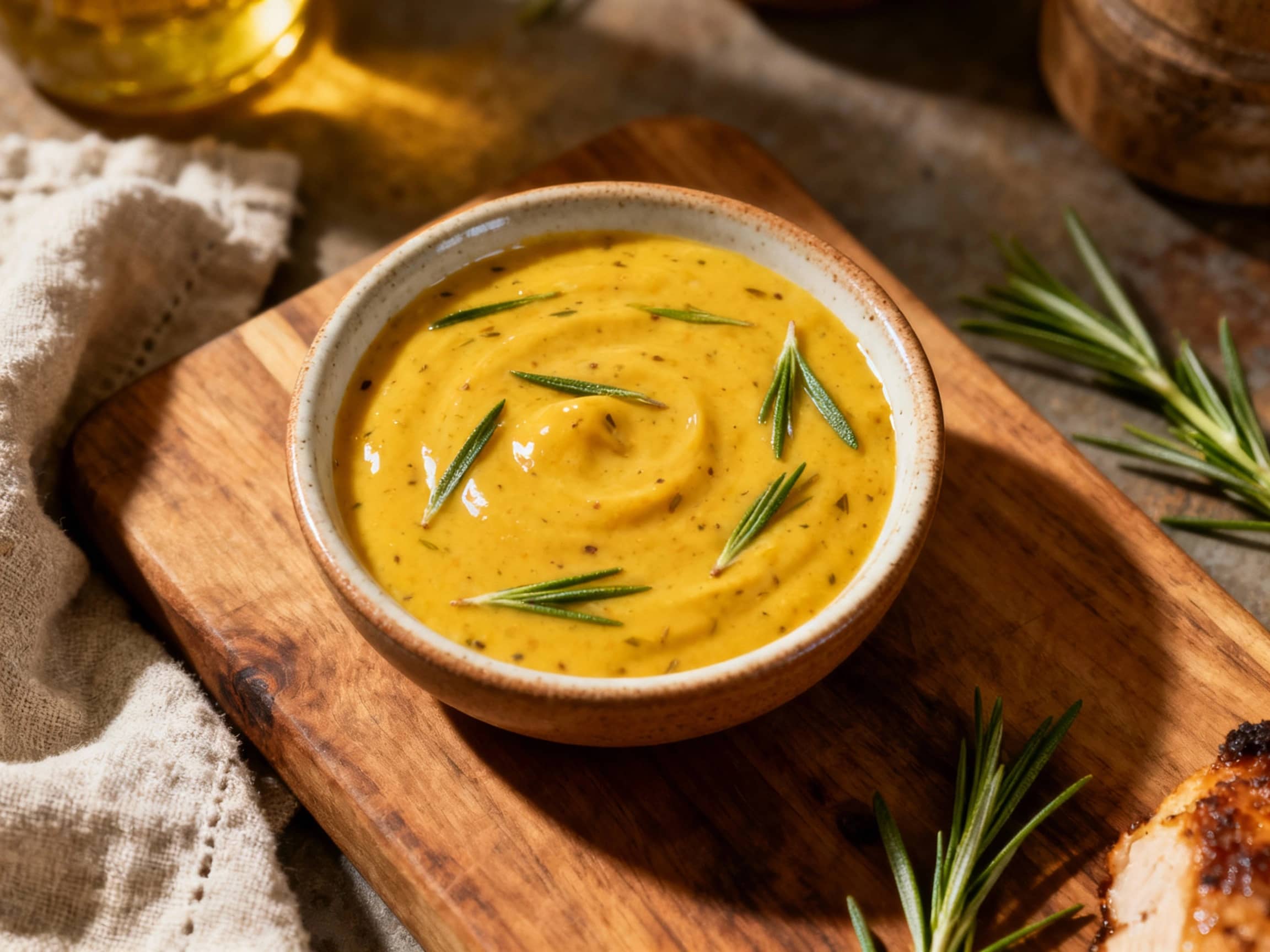 A smooth, golden-hued honey tarragon Dijon sauce is drizzled generously over a glistening portion of salmon, garnished with fresh green herbs.