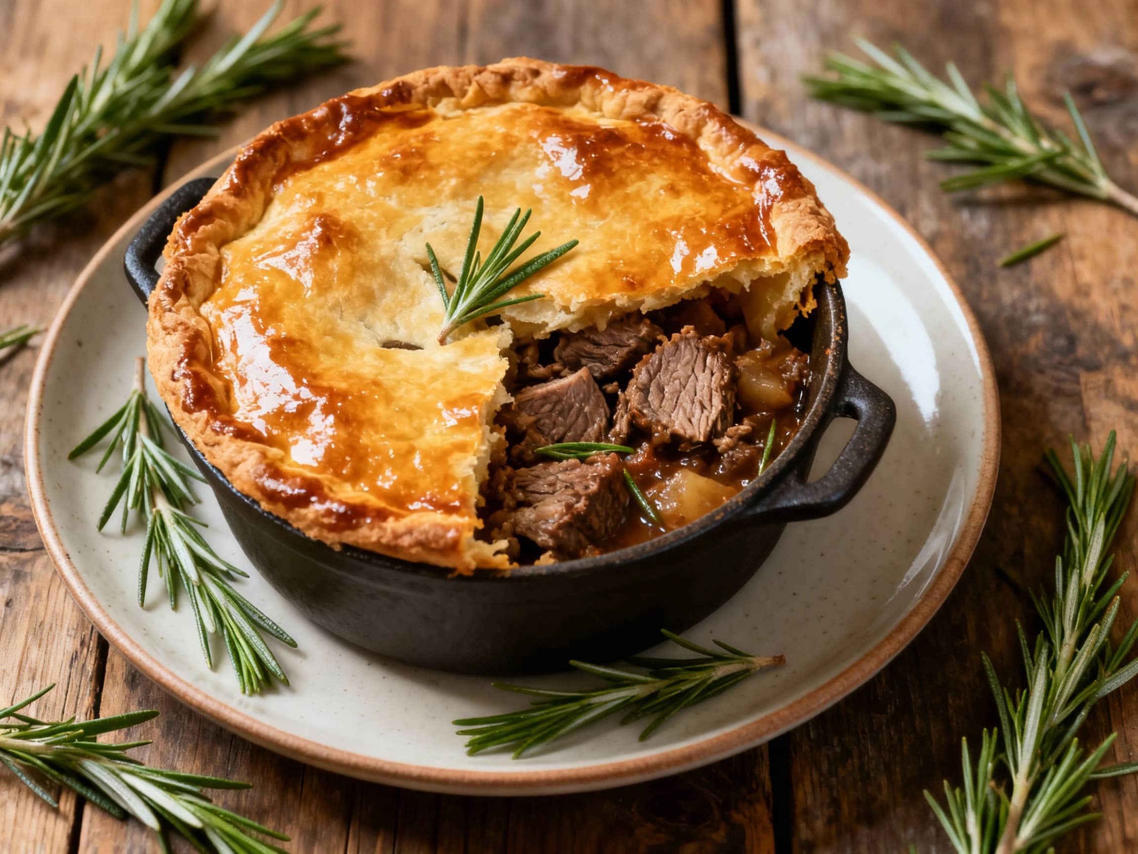 Golden-brown baked individual lamb and rosemary pies sit in a rustic ceramic pot, ready to be served with a sprig of fresh rosemary on each.