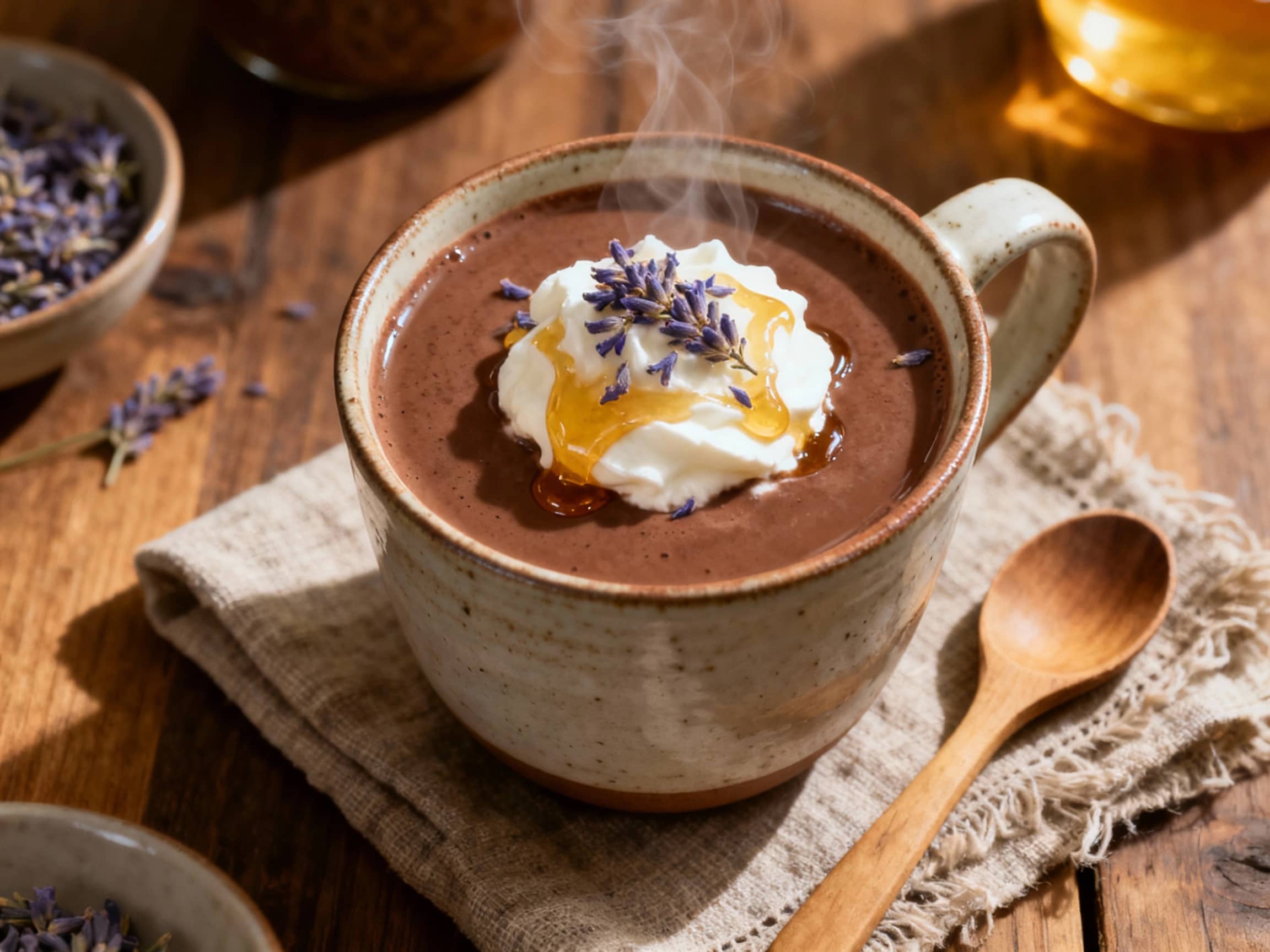 A rich, dark chocolate drink is poured into elegant mugs, topped with a swirl of whipped cream and delicate purple lavender sprigs, creating a luxurious and inviting dessert experience.