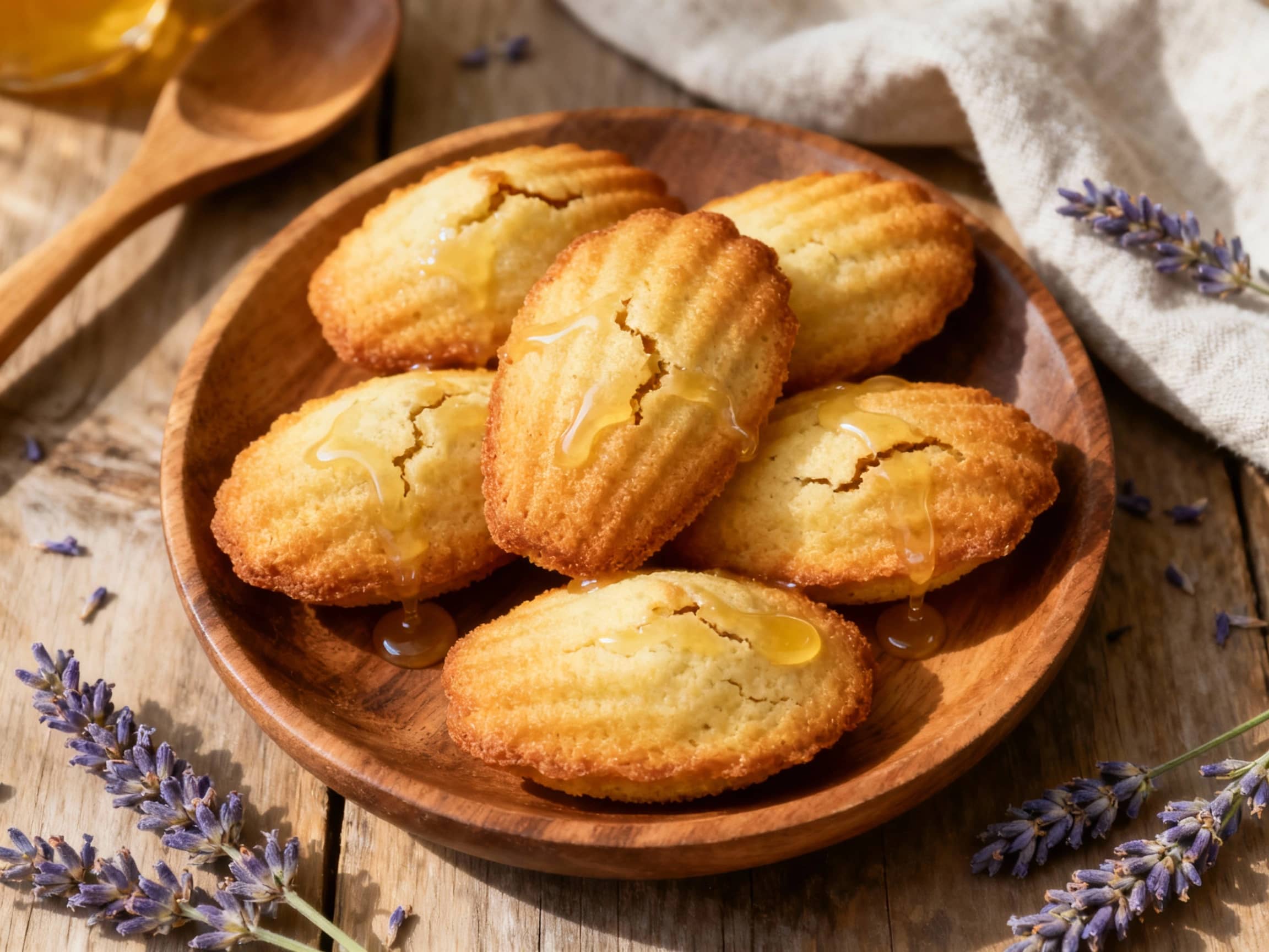 Delicate, golden-brown madeleines dusted with powdered sugar sit on a rustic wooden board, bathed in soft, natural light.