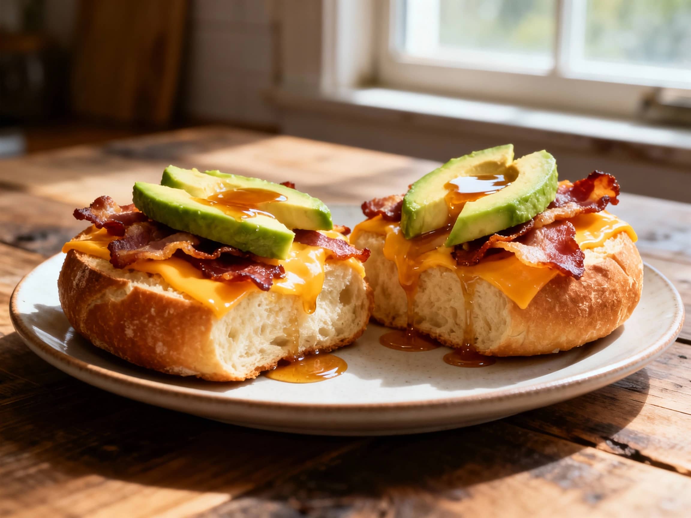 A close-up of two golden-brown sourdough breakfast buns on a rustic wooden board. One bun is sliced open, revealing a generous, steaming filling of fluffy scrambled eggs, crumbled breakfast sausage, and melted sharp cheddar cheese, accented with vibrant green chives. The crust is beautifully textured, and soft morning light illuminates the scene, with a blurred coffee mug in the background. It evo