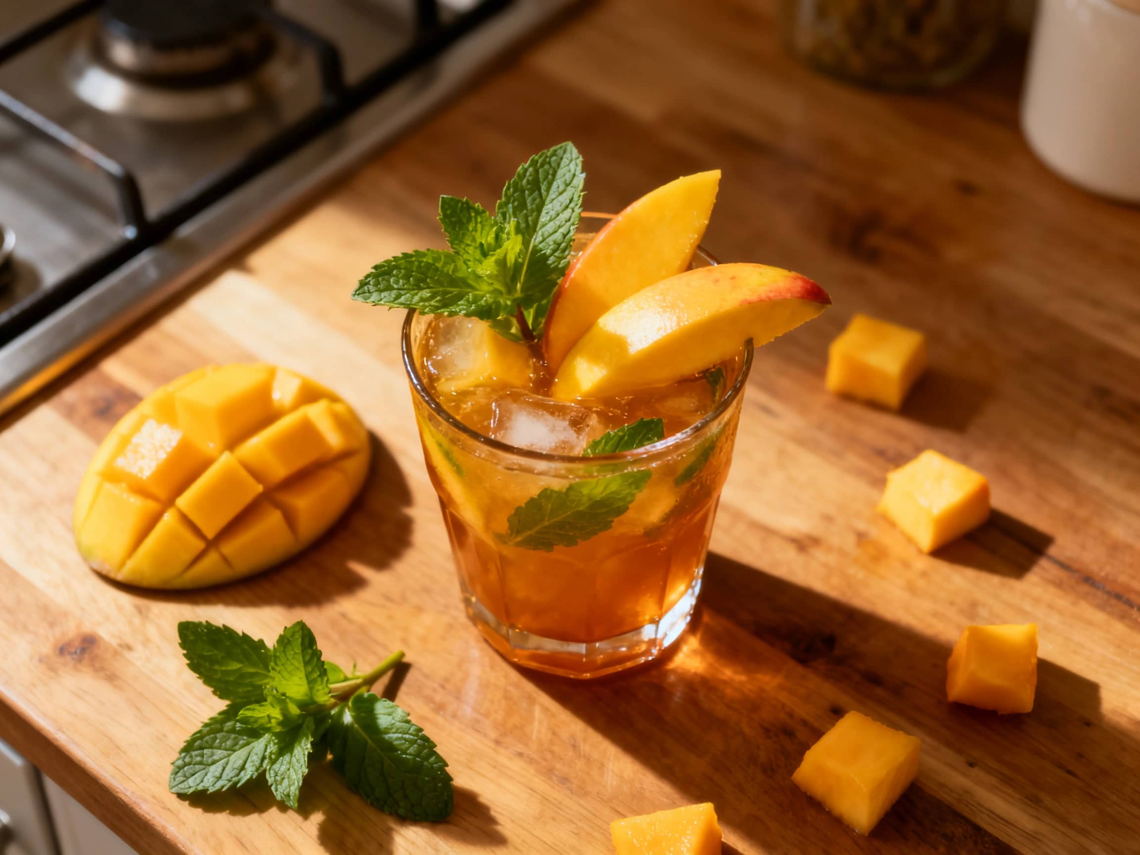 A vibrant Mango Mojito Delight cocktail fills a tall glass, bursting with the colors of fresh mango and mint. Crushed ice twinkles, and a perfectly ripe mango slice and a green mint sprig adorn the rim, hinting at a sweet, tangy, and utterly tropical escape.
