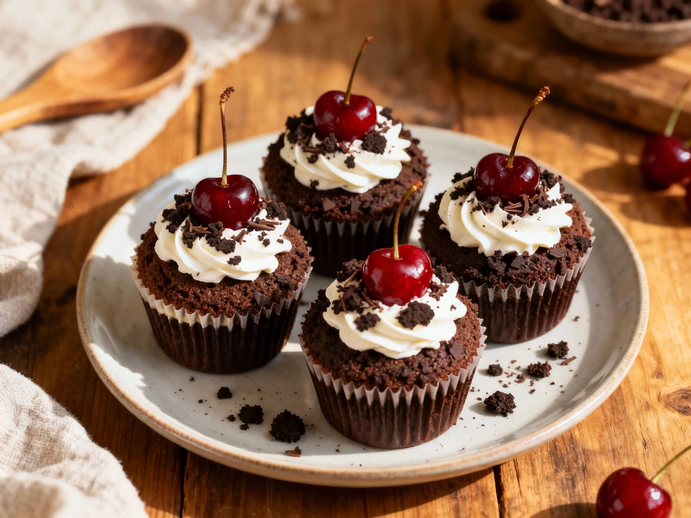 Decadent mini Black Forest cupcakes are elegantly presented on a slate platter, showcasing rich chocolate frosting adorned with fresh cherries and delicate chocolate shavings.