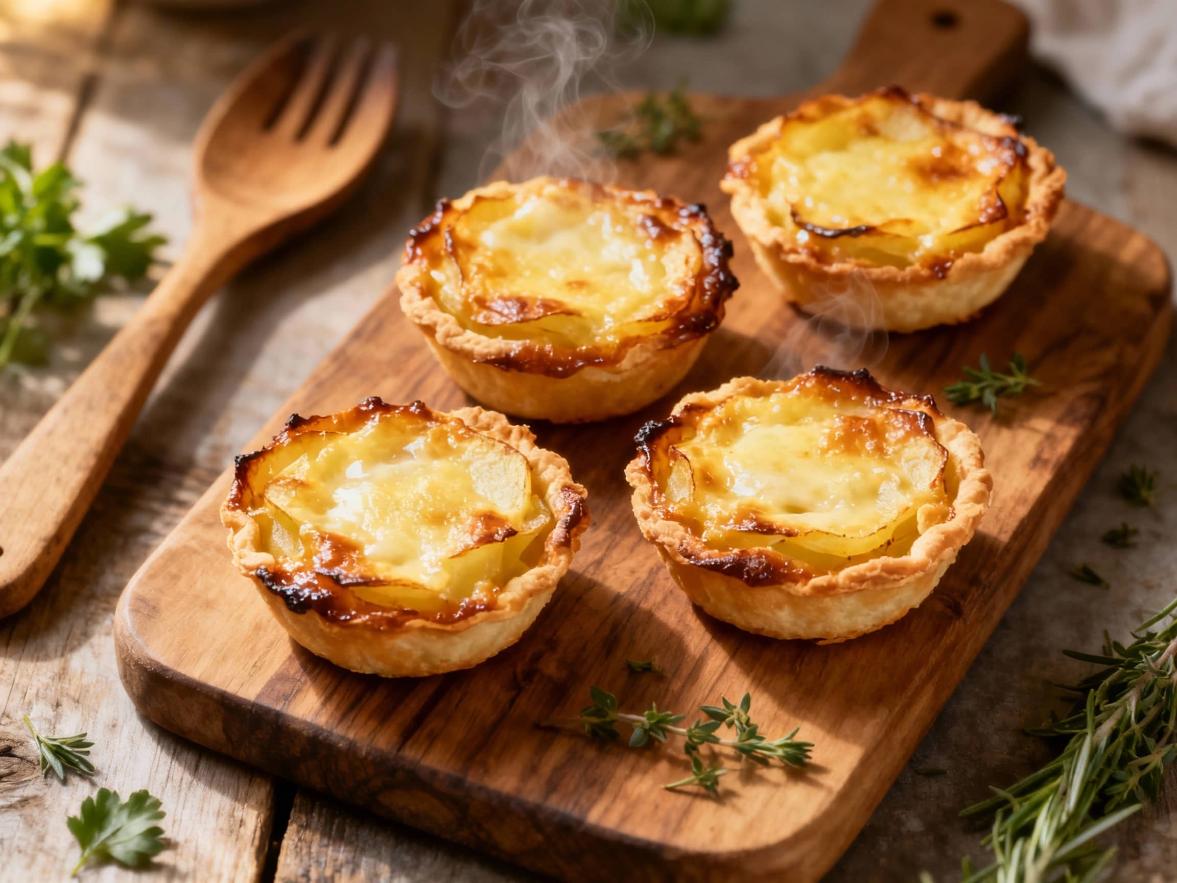 Golden-brown baked tartlets filled with creamy, tender potatoes, topped with a sprinkle of fresh chives and a hint of cheese, presented invitingly on a rustic wooden board.