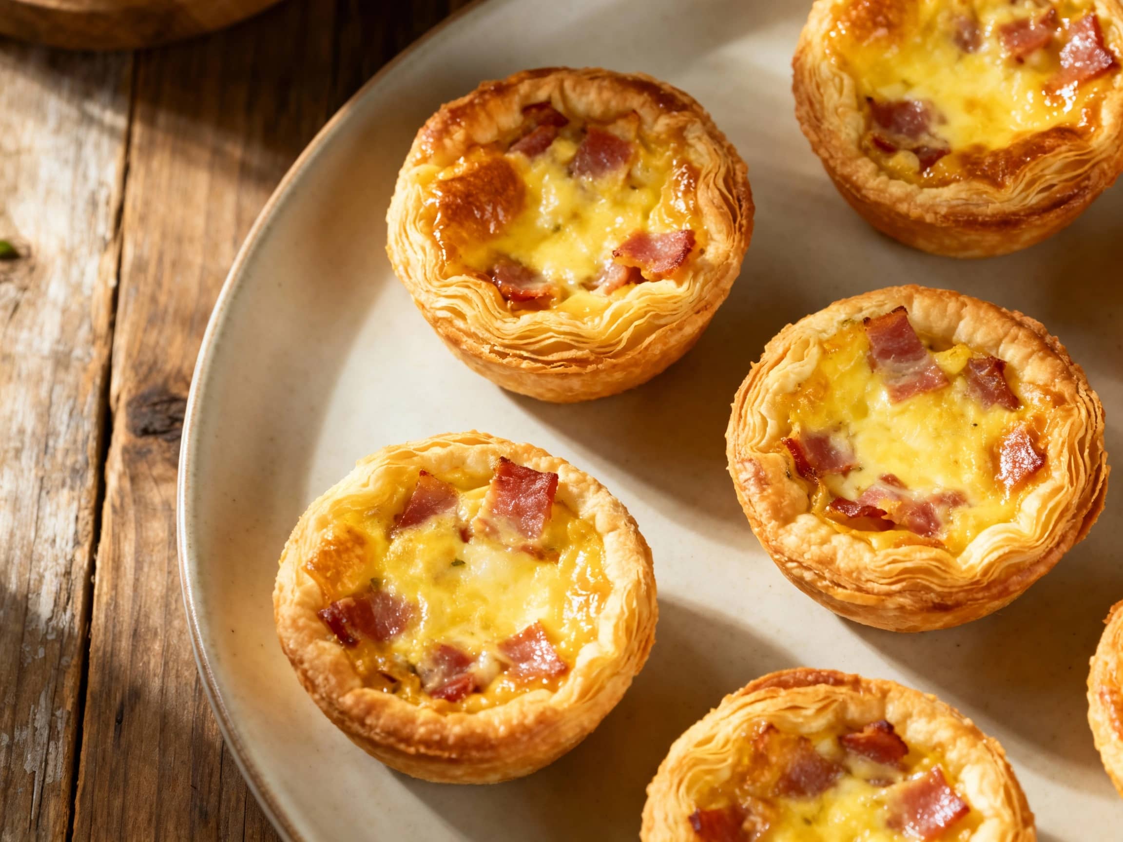 Golden-brown mini quiche Lorraine bites, filled with creamy egg mixture, bacon, and gruyere cheese, are perfectly baked in individual tartlet shells and served elegantly on a rustic wooden board.