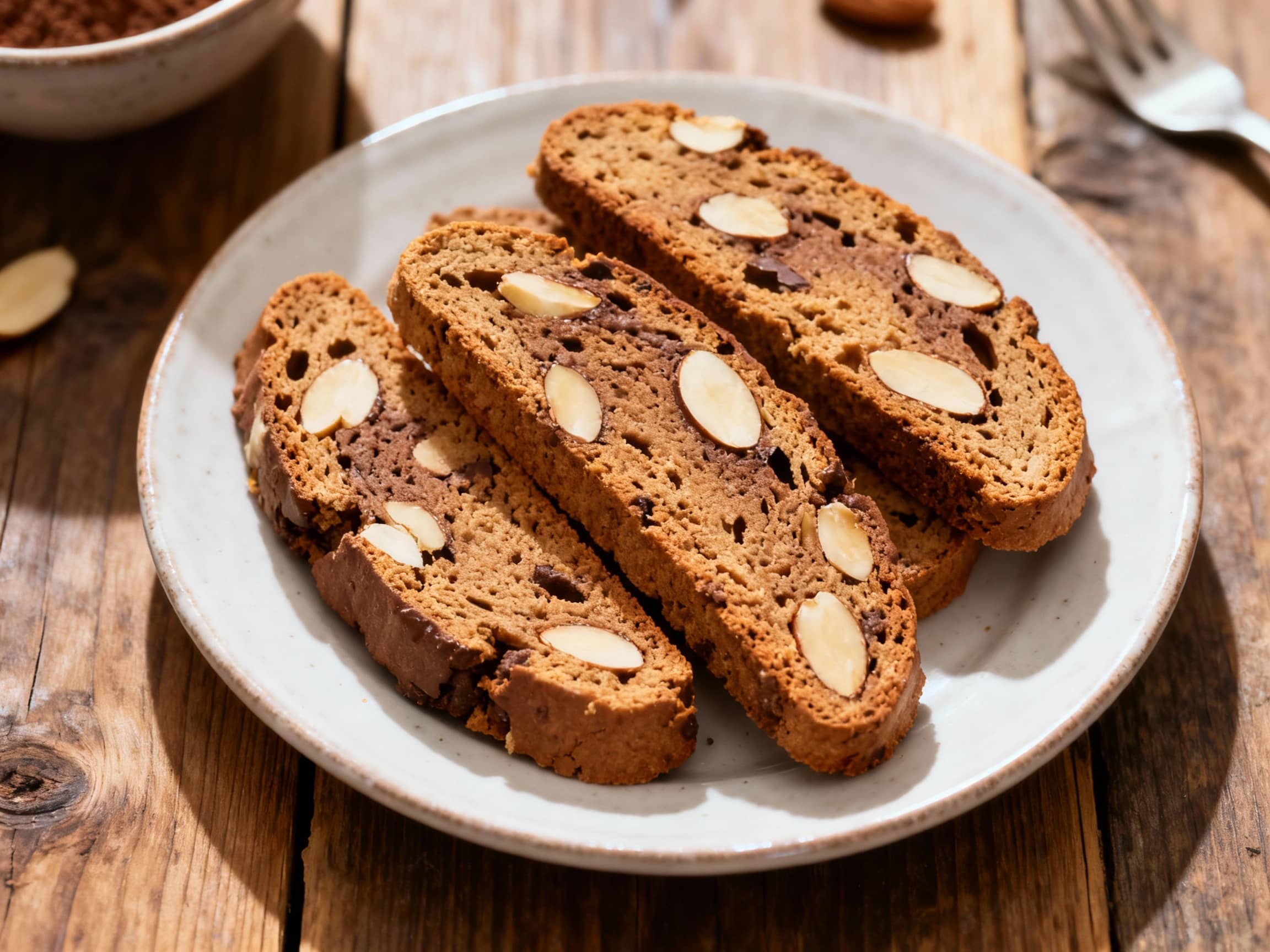 A rustic wooden board holds several pieces of golden-brown Mocha Almond Biscotti. Some biscotti are partially dipped in melted dark chocolate, showcasing a smooth, glossy finish. In the background, out of focus, are scattered dark roasted coffee beans and a steaming mug of coffee, suggesting a perfect pairing. The scene is warm and inviting, highlighting the homemade quality and rich flavors of th
