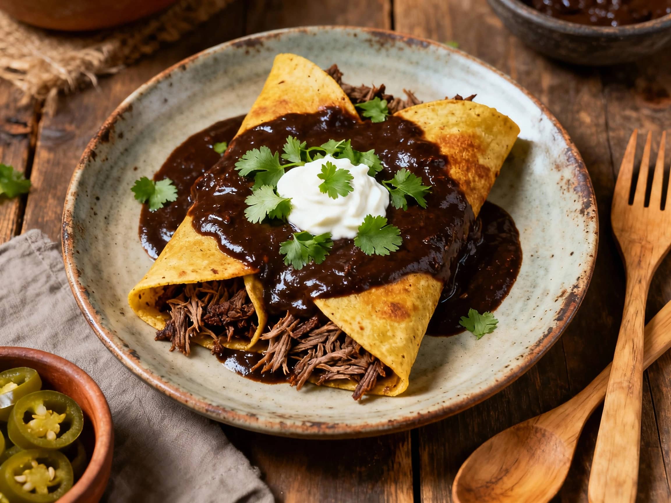 Tender beef enchiladas are generously coated in a rich, dark mole sauce and served on a rustic plate, garnished with fresh cilantro and a sprinkle of cotija cheese.