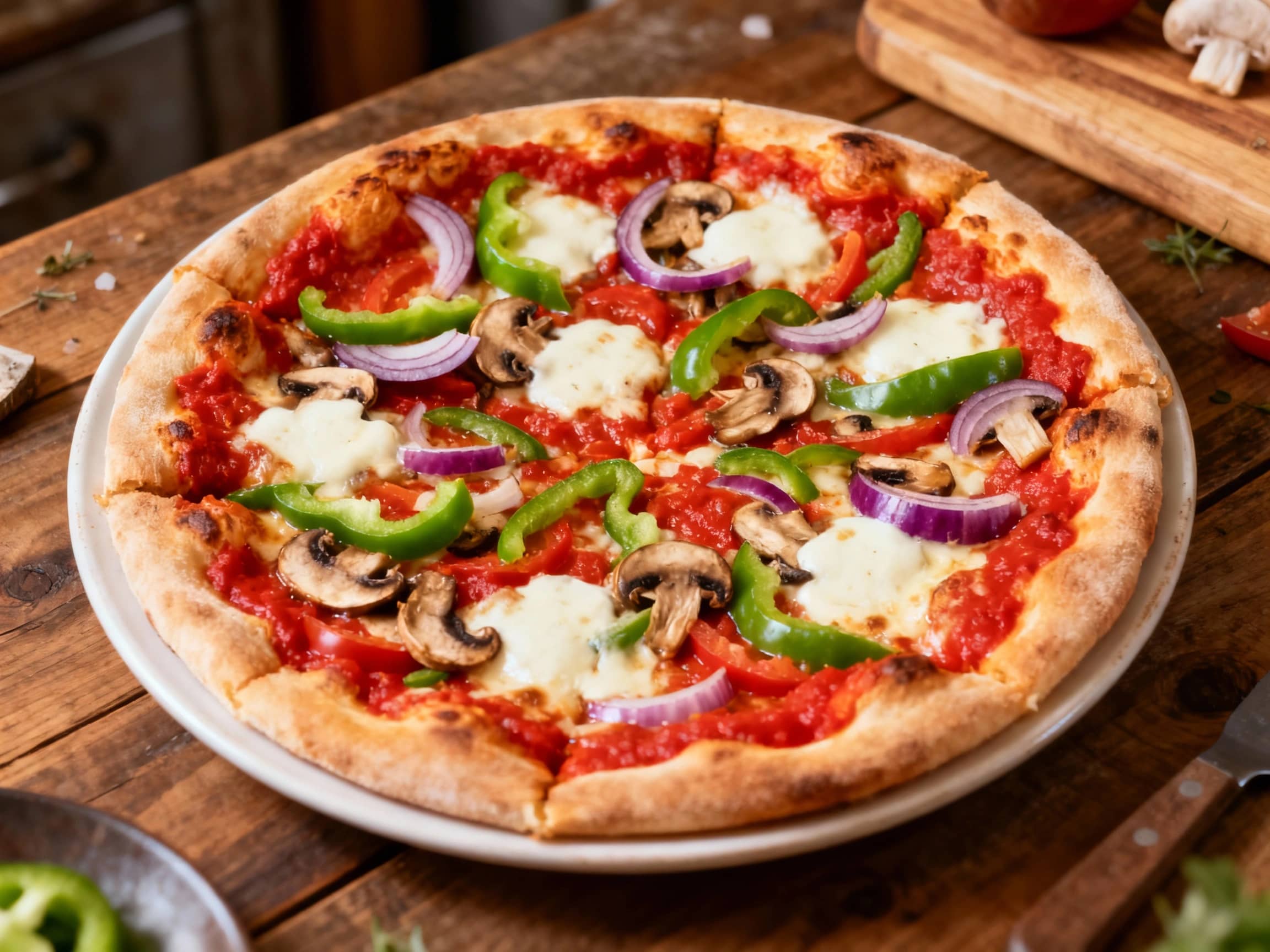 A tempting slice of New York-style veggie pizza, topped with vibrant bell peppers, onions, and olives under melted mozzarella, sits ready to be enjoyed.