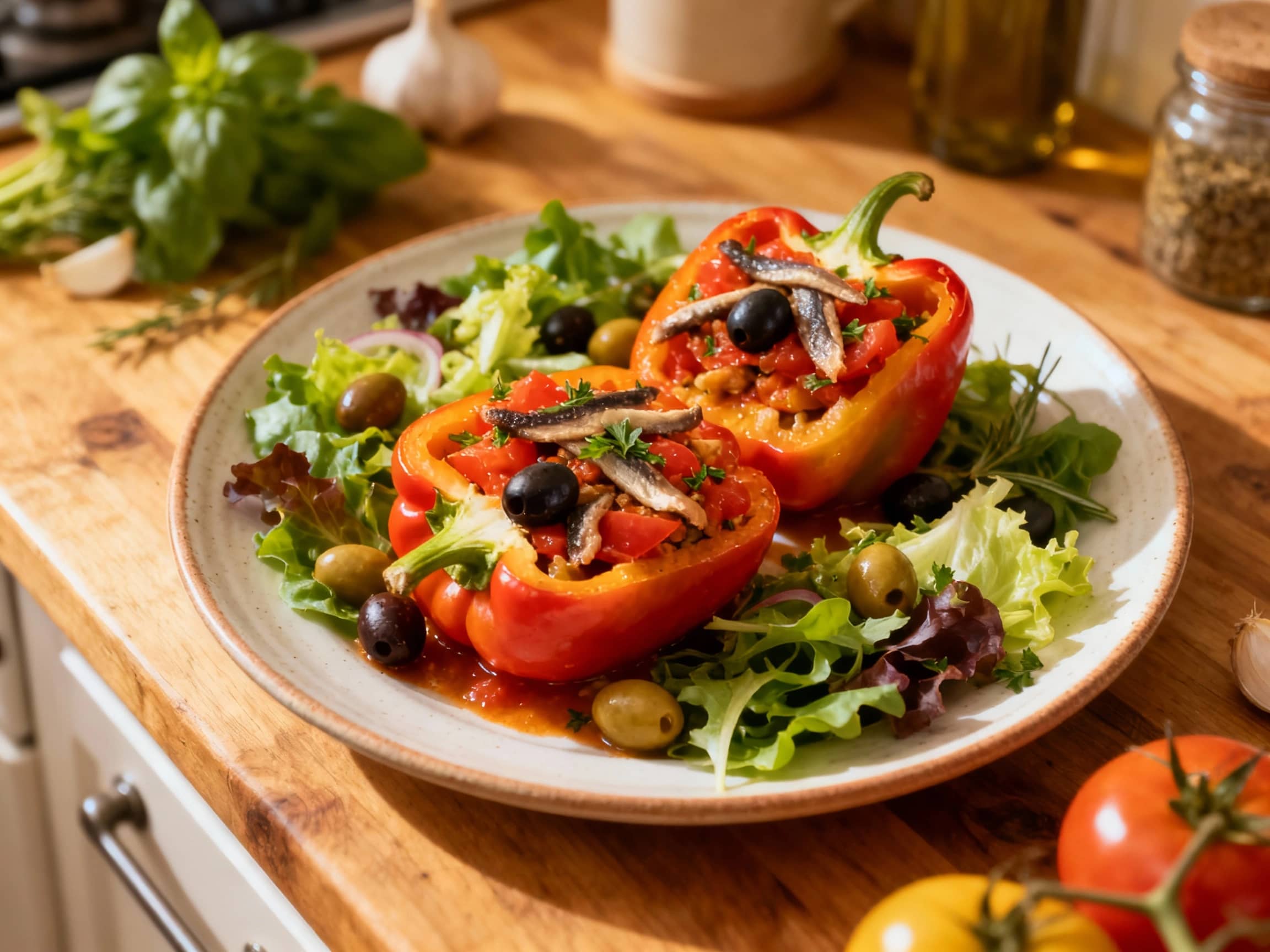 Roasted bell pepper halves, generously filled with a vibrant Niçoise salad mixture featuring tuna, olives, and green beans, are beautifully presented on a rustic wooden board, ready to be enjoyed.