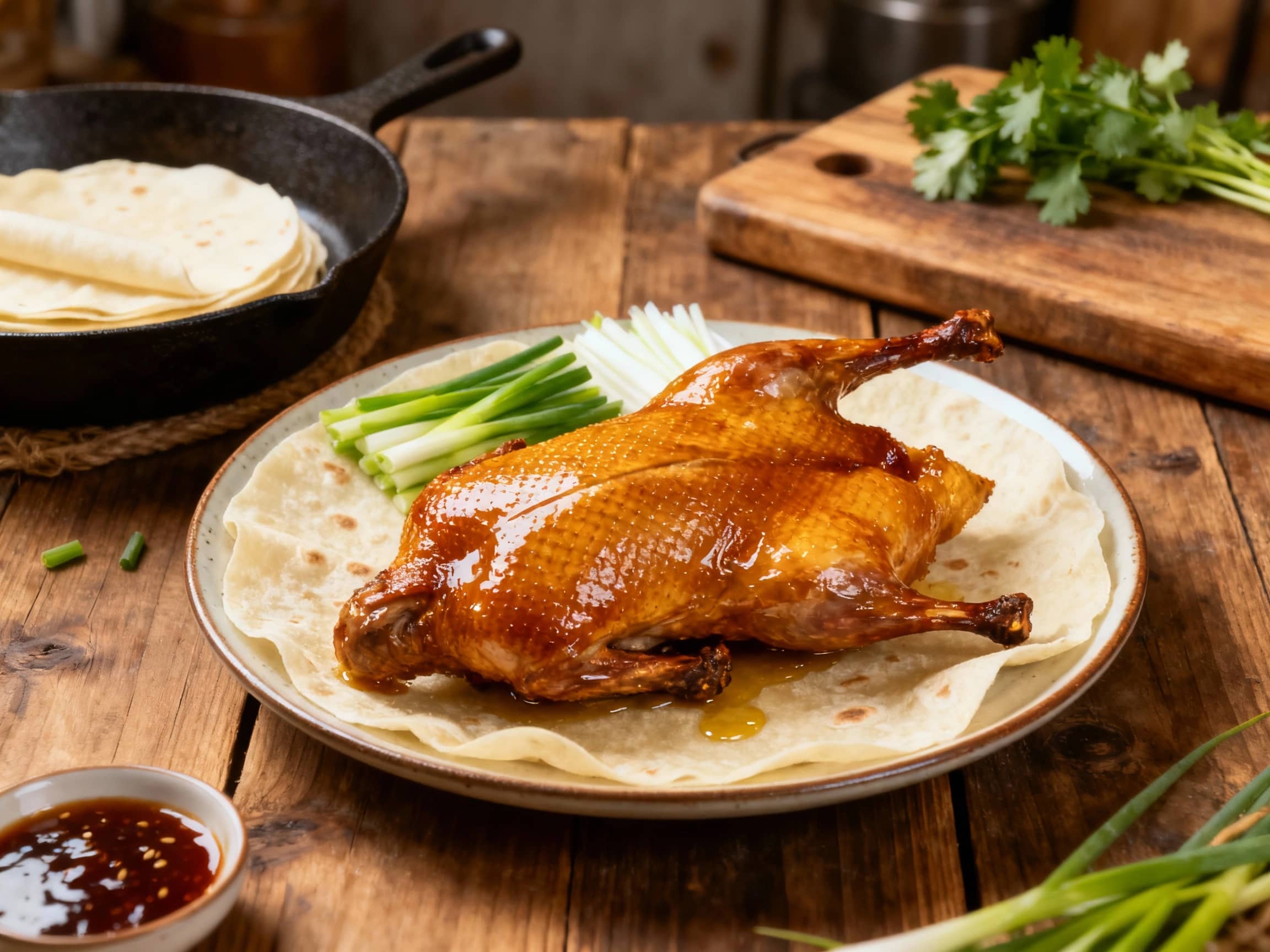 Crispy duck confit legs, inspired by Peking duck, are glistening with a rich, dark glaze and served with vibrant green garnish on a rustic wooden board.