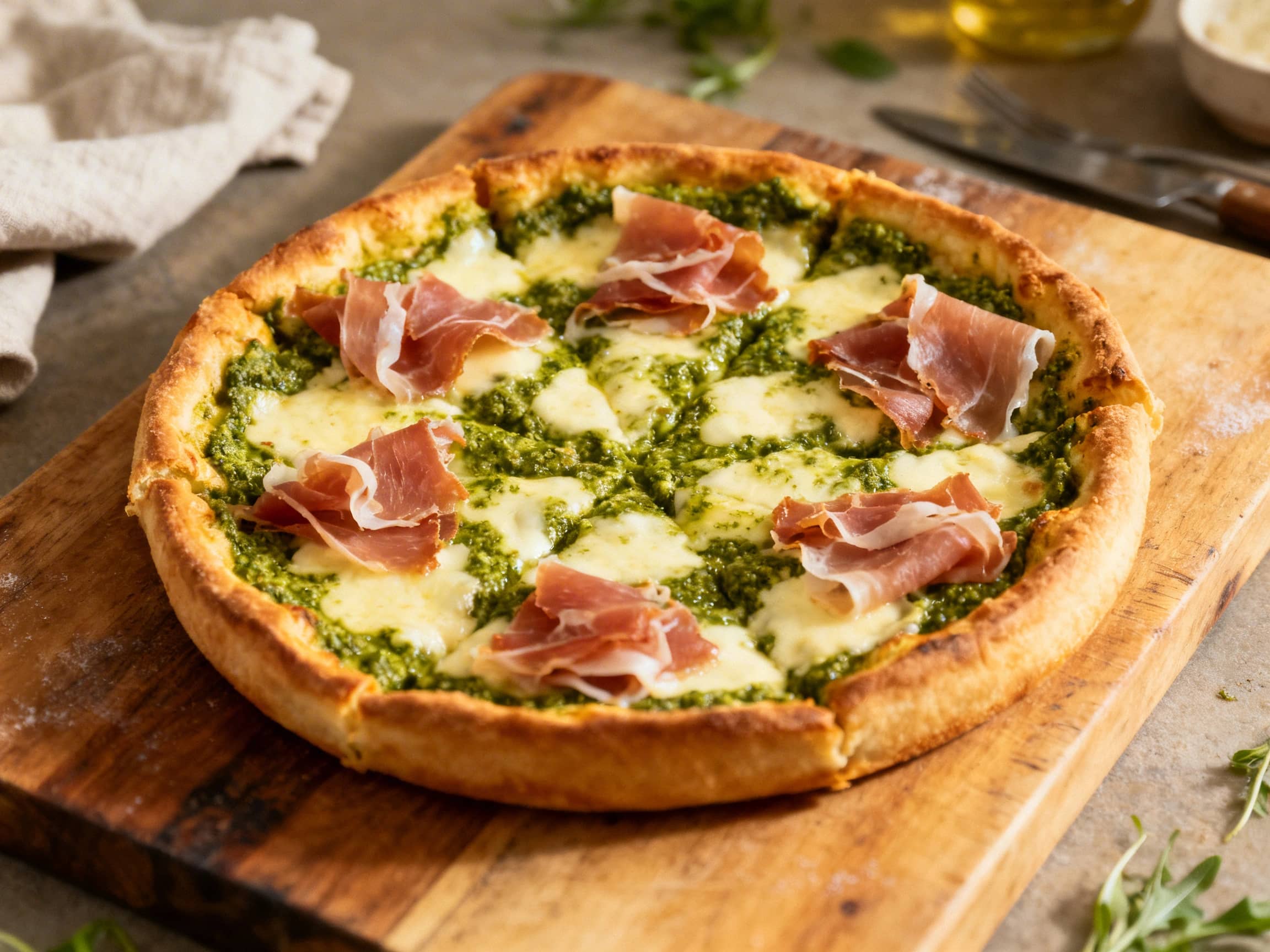 A close-up of a Pesto Prosciutto Chicago deep dish pizza. A thick, golden-brown crust with visible flaky layers holds a rich filling of bright green basil pesto, melted mozzarella cheese, and thinly sliced prosciutto. A piece has been cut and slightly pulled away, showcasing the gooey, cheesy interior. The pizza rests on a wooden serving board, garnished with fresh basil, creating an irresistible