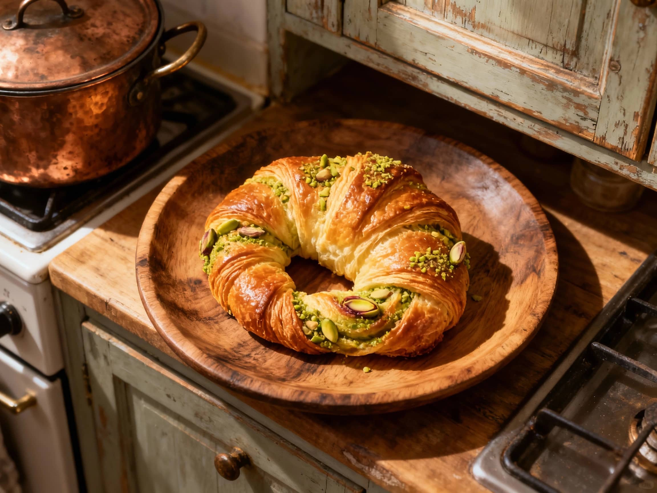 A golden, flaky croissant twist is artfully arranged on a white plate, generously drizzled with rose glaze and sprinkled with vibrant green pistachios for a visually delightful and elegant dessert.