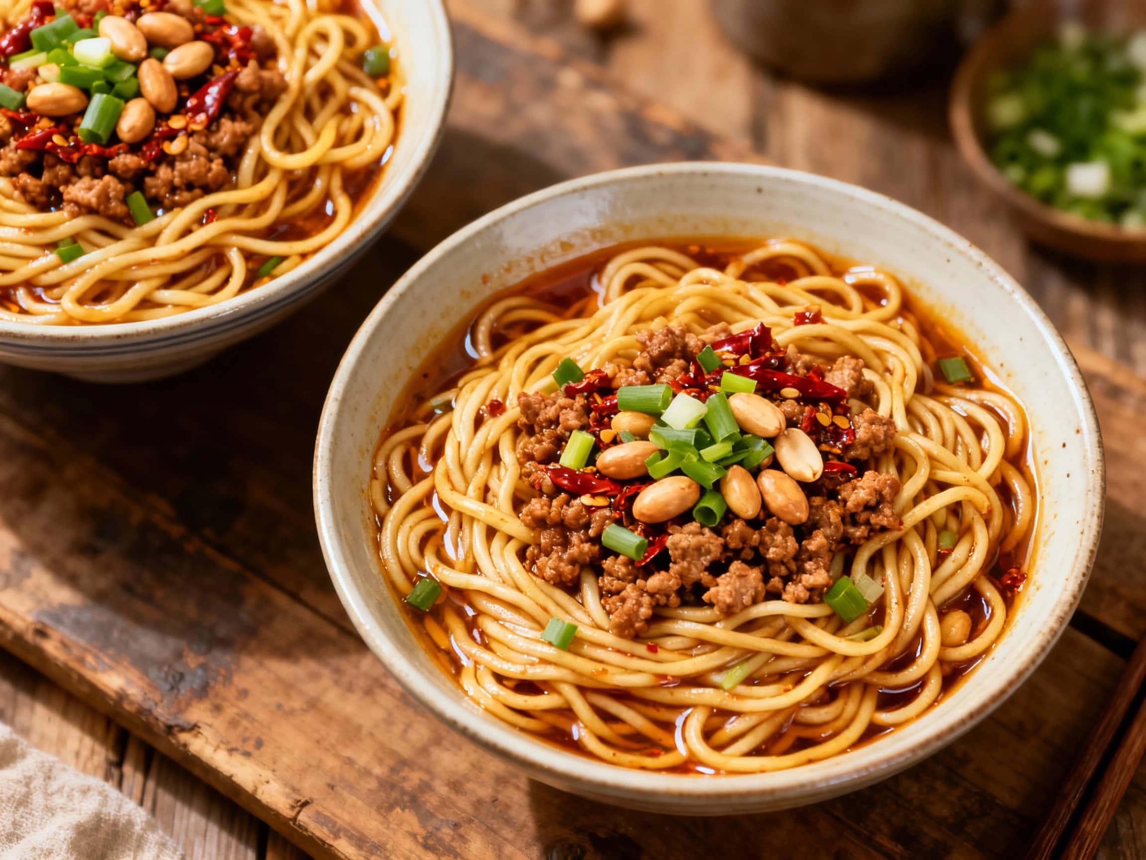 A steaming bowl of Dan Dan noodles, wok-seared ground pork and vibrant green bok choy glistening in a savory chili oil sauce, topped with crushed peanuts and fresh cilantro.