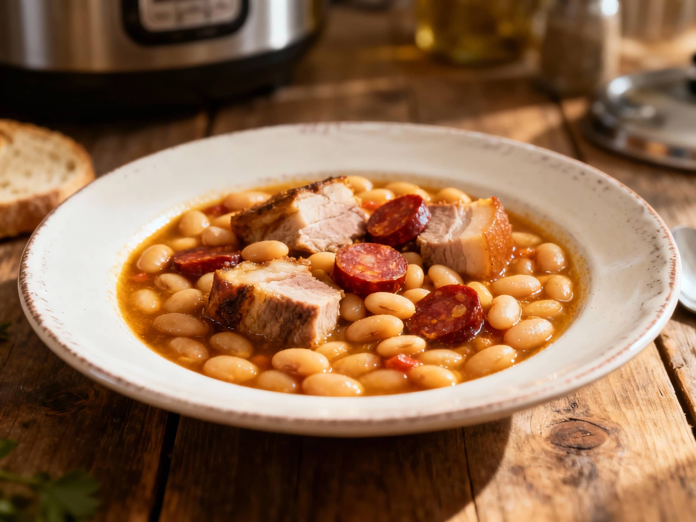 A steaming bowl of colorful fabada asturiana, featuring tender white beans, slices of chorizo and morcilla sausage, and a rich, savory broth, is garnished with fresh parsley and served on a rustic wooden table.