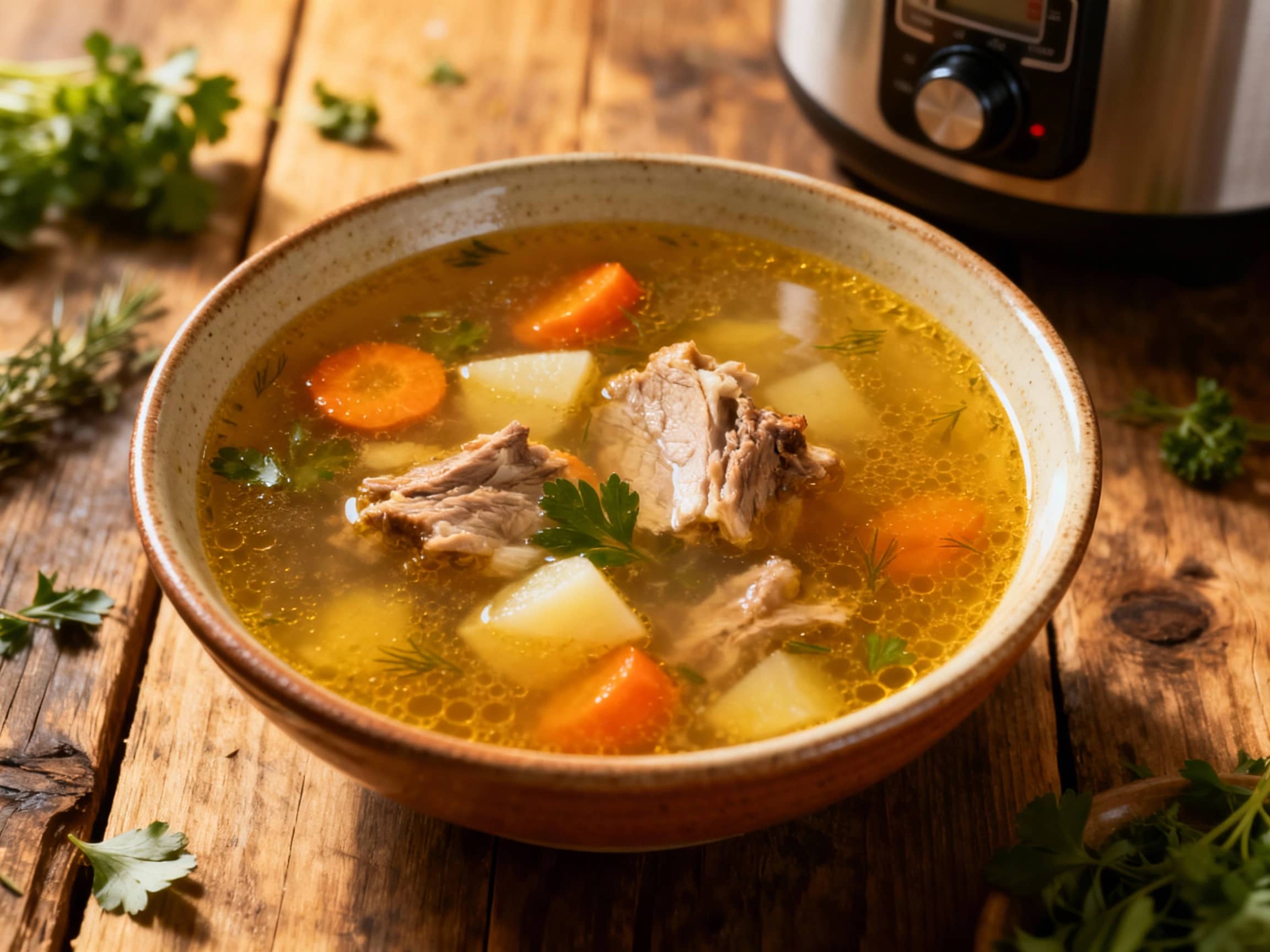 A comforting clear, golden chicken broth soup, known as Rosół, presented in a rustic white ceramic bowl. The soup contains thin egg noodles and tender shredded chicken, topped generously with vibrant green chopped parsley. It rests on a warm, textured wooden table, bathed in soft, inviting natural light, conveying a sense of traditional Polish home cooking and coziness.