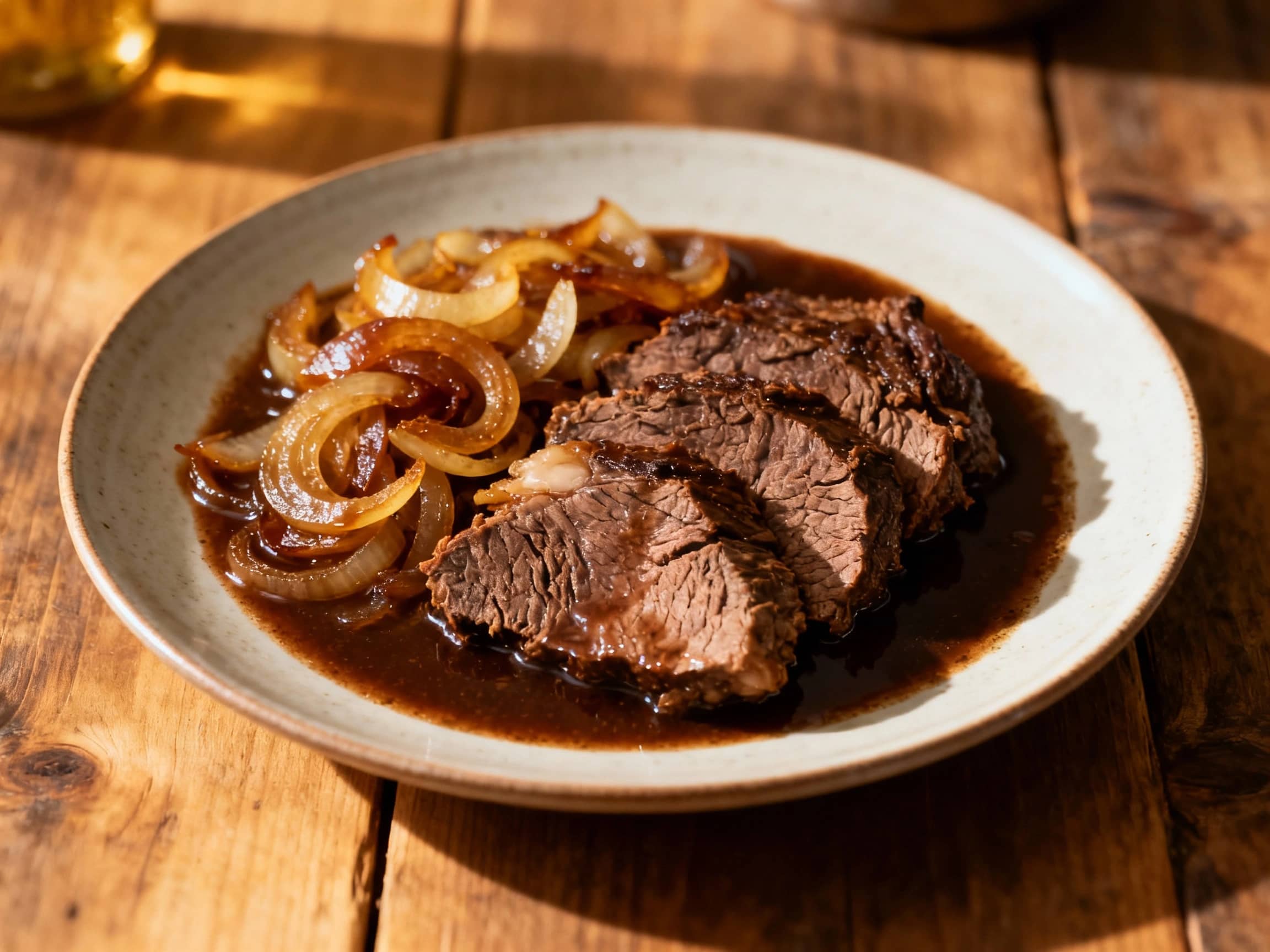 Tender, dark braised beef sauerbraten is plated with a rich, glossy sauce and garnished with fresh parsley, offering a comforting and elegant look.