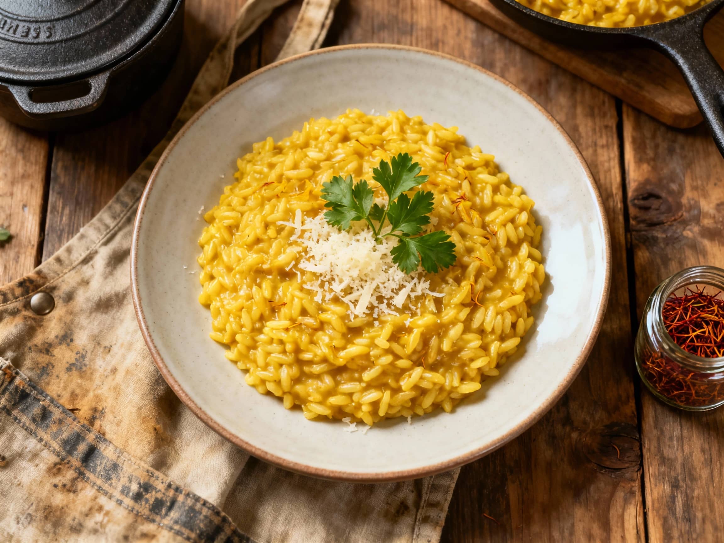 A generous serving of creamy, golden-yellow saffron risotto is plated in a white bowl, topped with fresh parsley and a sprinkle of Parmesan cheese, offering a comforting and elegant meal.