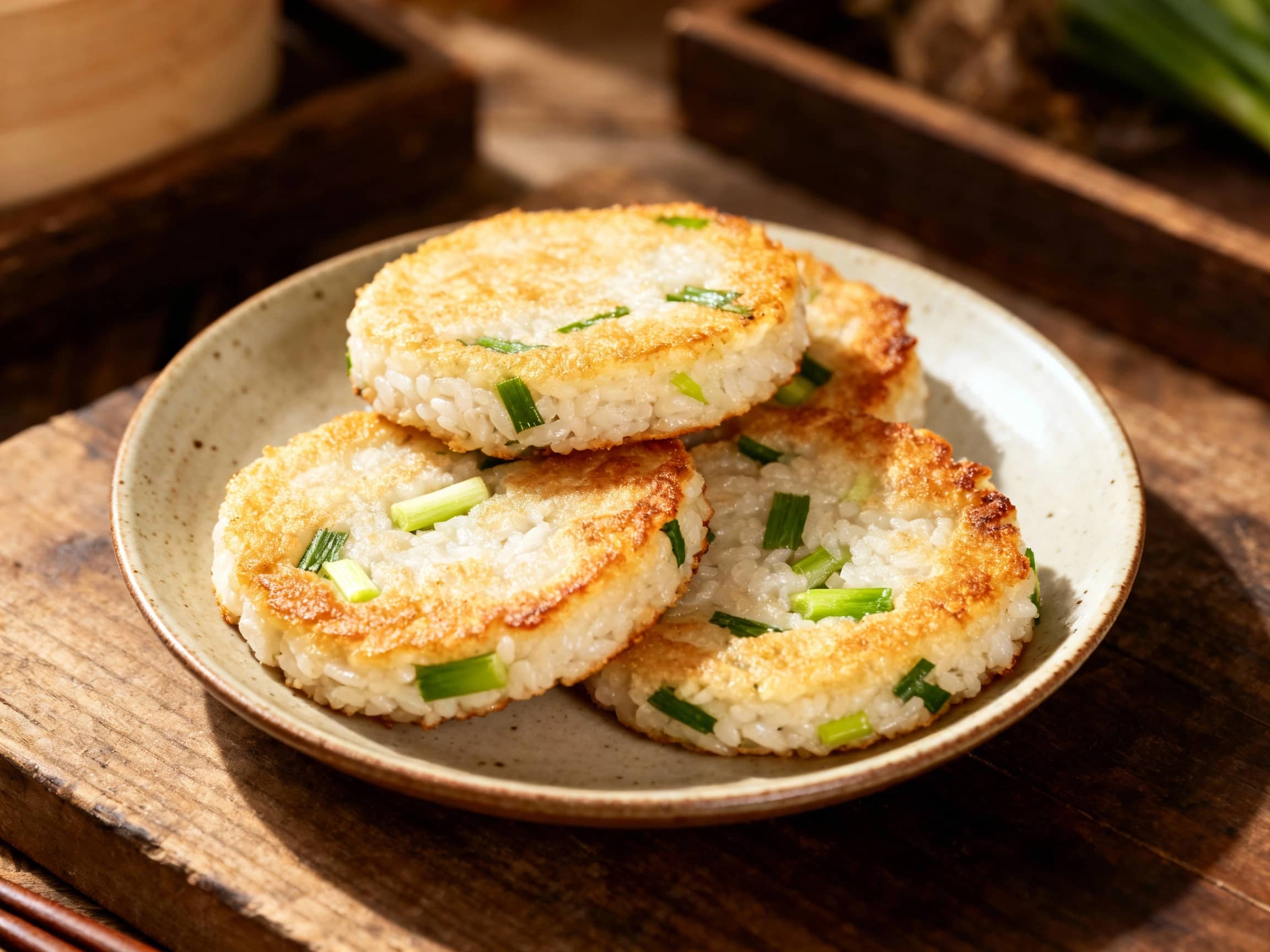 Golden-brown, pan-fried rice cakes studded with vibrant green scallions are piled high on a white plate, ready to be enjoyed with a side of dipping sauce.
