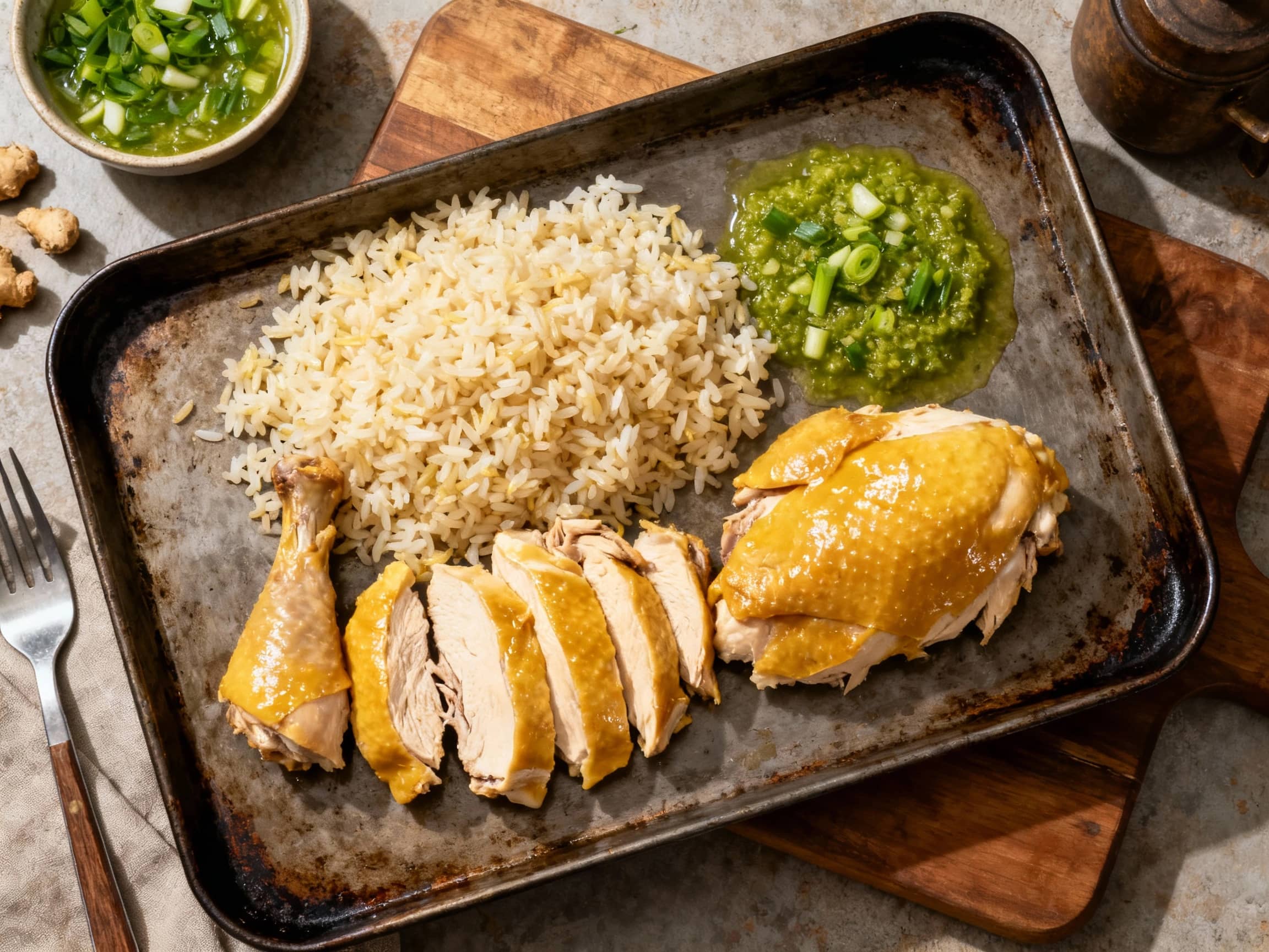 Succulent poached chicken, glistening with its own oils, sits atop fragrant jasmine rice on a dark sheet pan, garnished with fresh cilantro and vibrant chili slices.