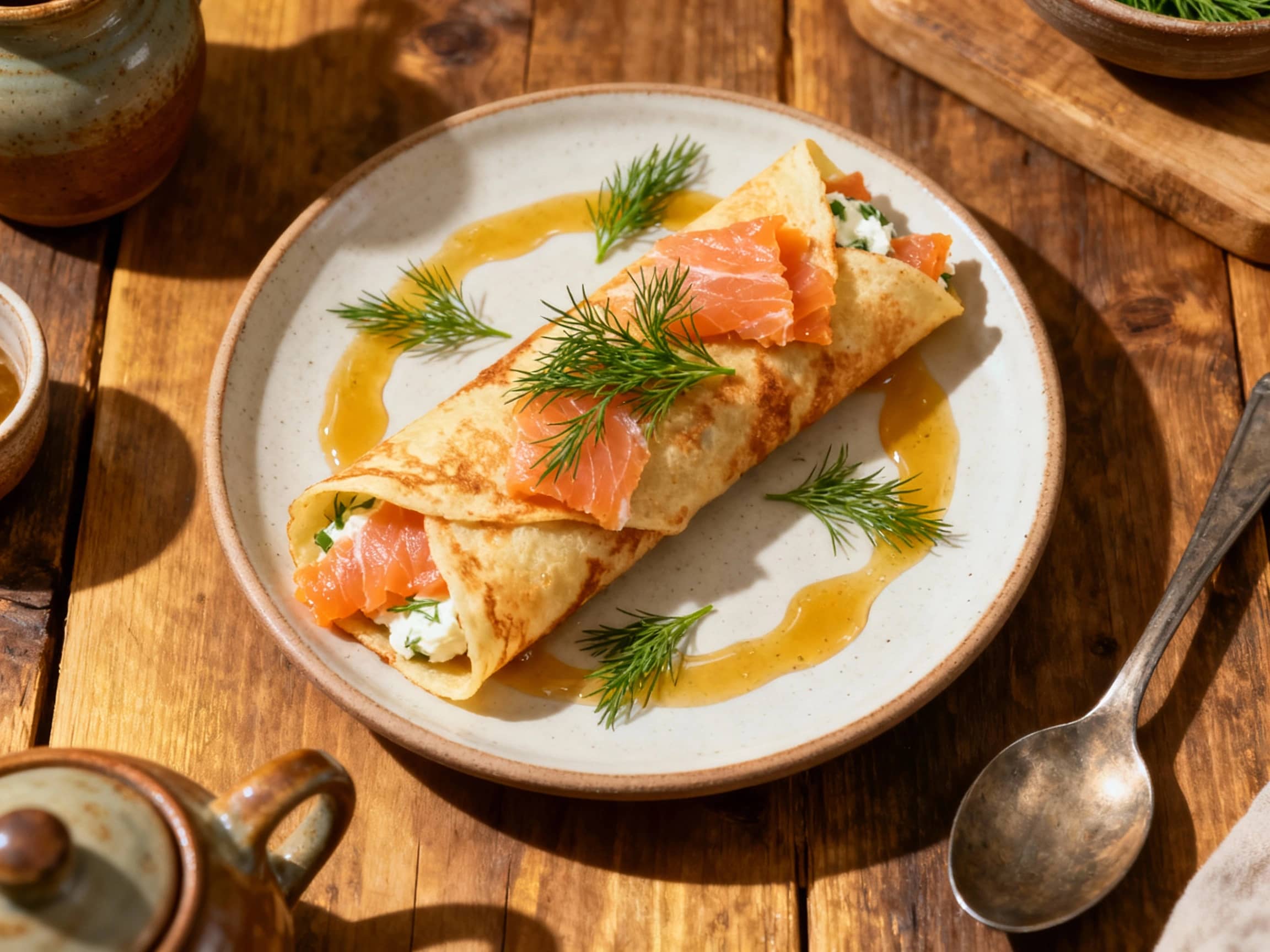 Delicate crepes filled with smoked salmon and fresh dill are artfully rolled and served on a rustic wooden board, bathed in warm, soft light.