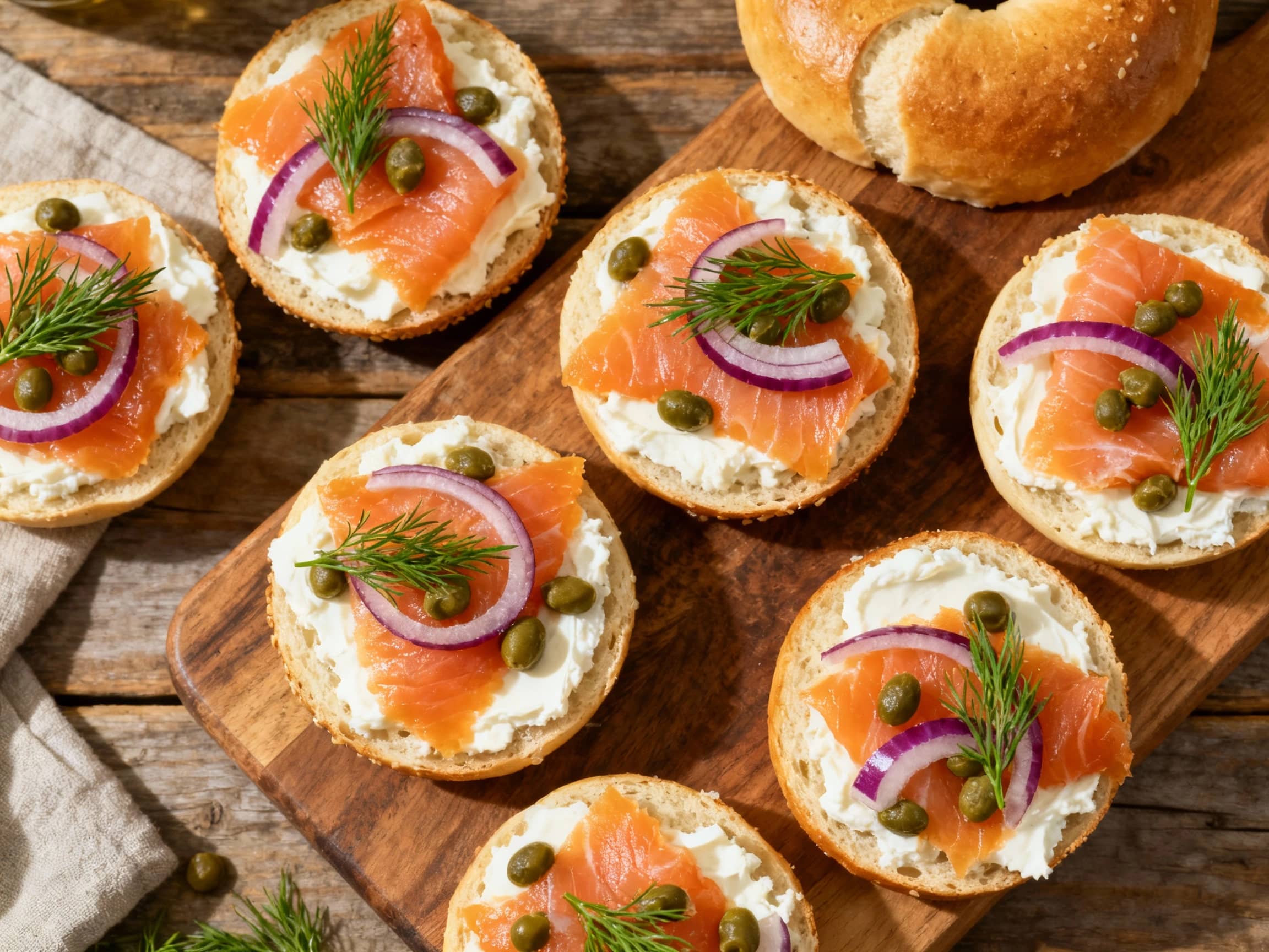 Golden-brown mini bagel halves are generously topped with creamy cream cheese, vibrant pink smoked salmon lox, and a sprinkle of fresh dill, arranged artfully on a wooden board.