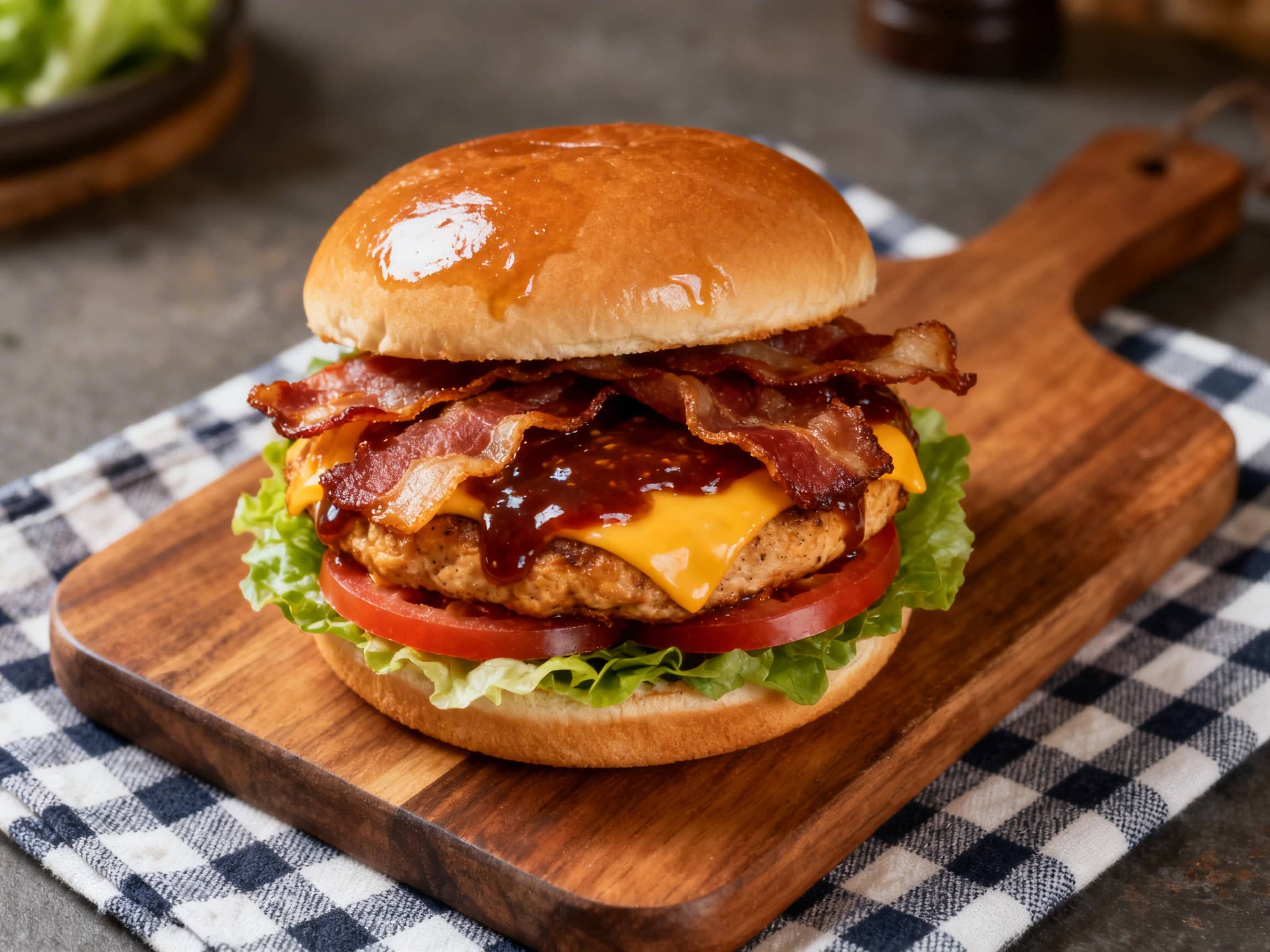 A perfectly grilled chicken burger, known as the Smoky BBQ Bacon Chicken Burger, sits on a rustic wooden board. The patty is topped with a slice of melted sharp cheddar cheese, crispy streaky bacon, and a dollop of rich barbecue sauce. Fresh green lettuce and thinly sliced red onion add color and crunch, all enclosed within a golden, toasted brioche bun. The lighting is warm and natural, making th