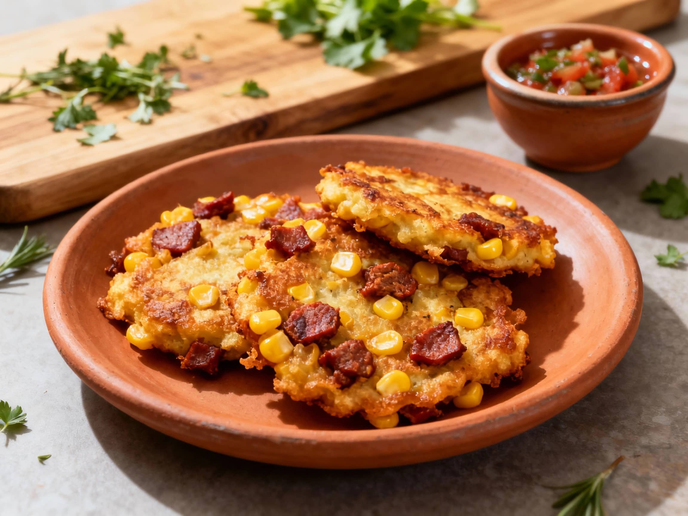 Golden-brown, crispy chorizo and corn fritters are piled high on a rustic wooden board, garnished with fresh cilantro and a dollop of cooling sour cream, ready to be enjoyed.