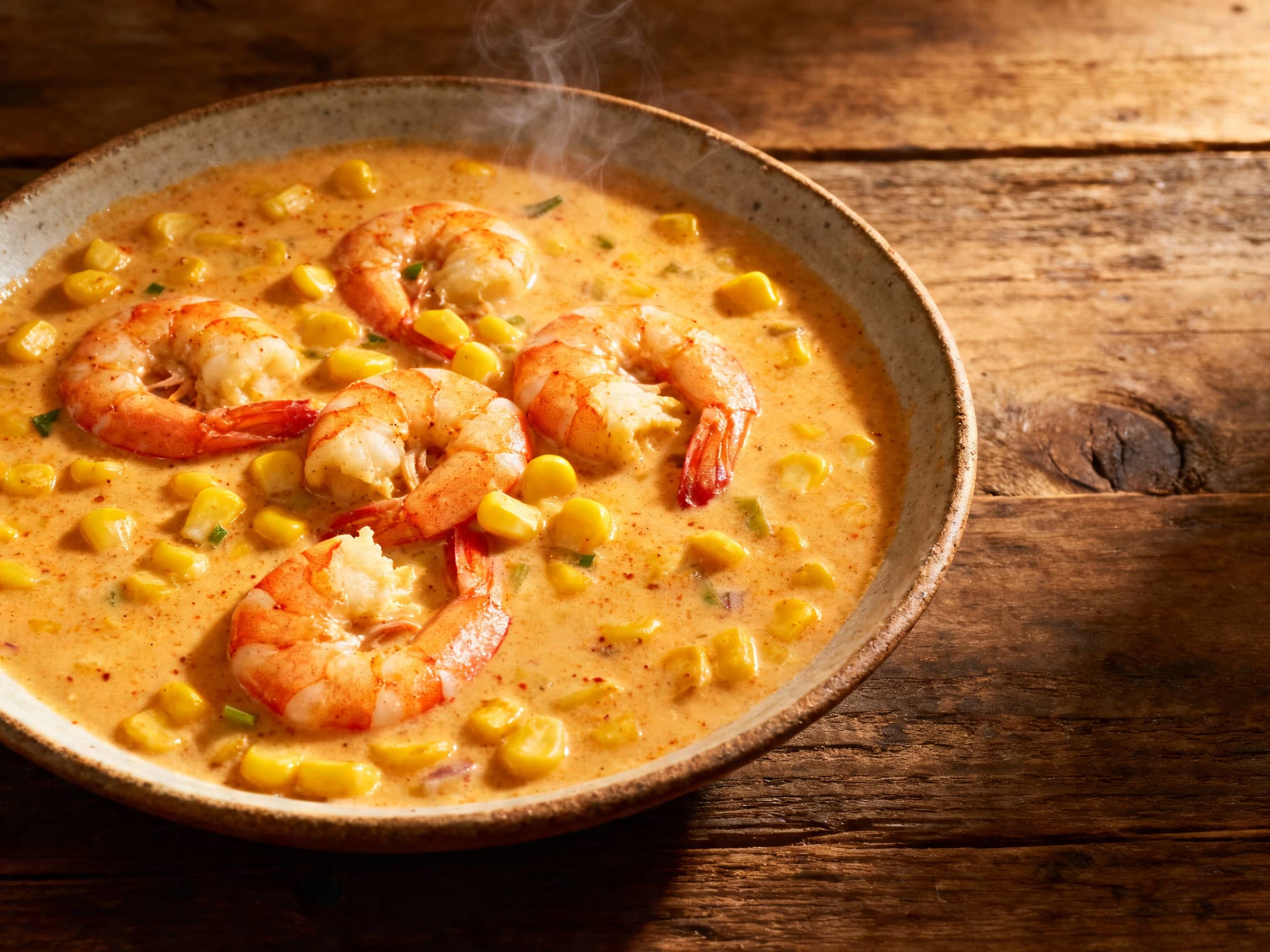 A steaming, creamy bowl of Spicy Corn and Shrimp Chowder, garnished with fresh green chives, sits on a rustic wooden table. Plump pink shrimp and bright yellow corn kernels are visible in the rich, golden broth, suggesting a hearty and flavorful meal. A basket of crusty bread is blurred in the background, hinting at a warm and inviting dining experience.