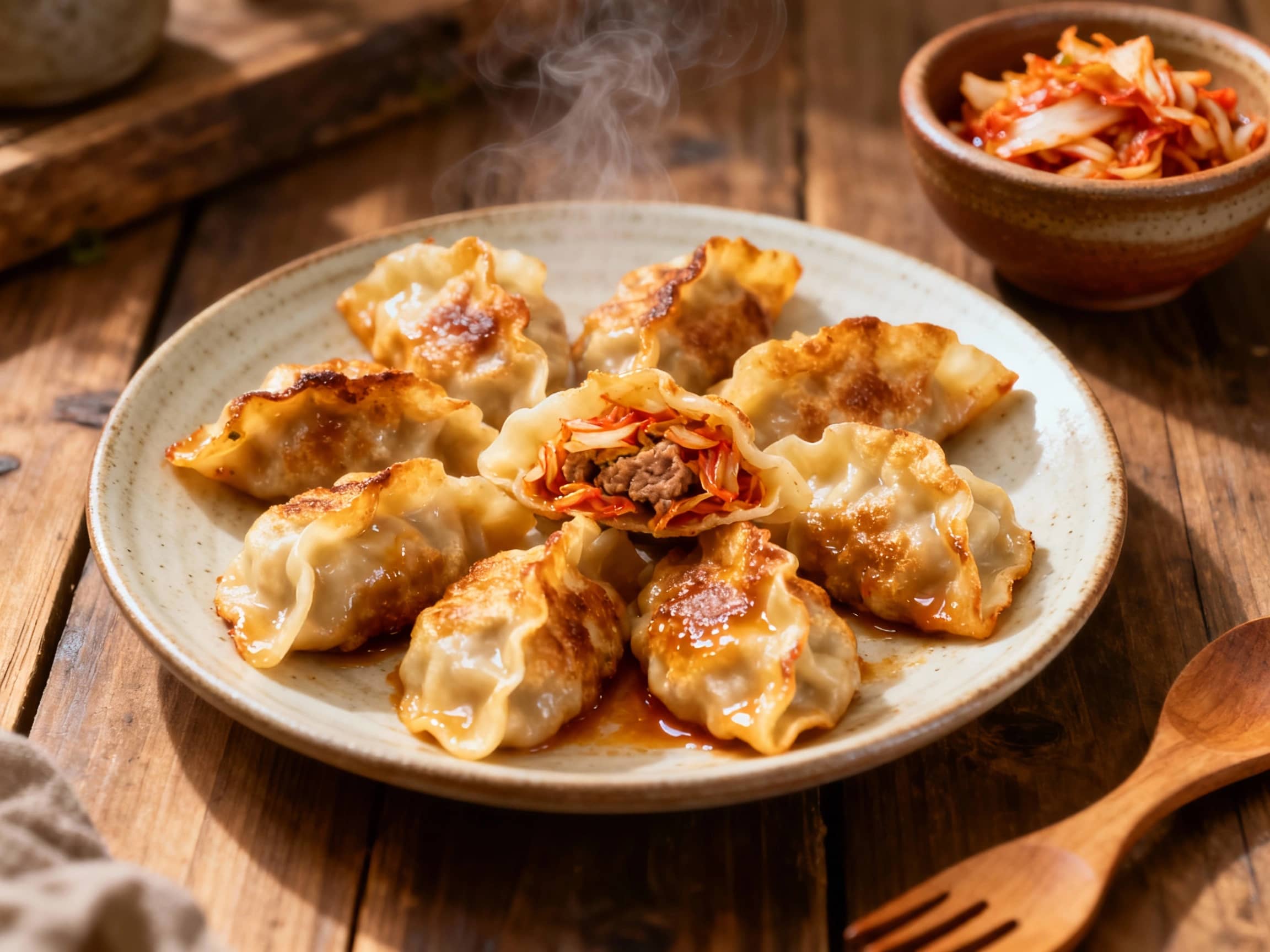 Golden-brown pan-fried gyoza are piled high on a rustic plate, their bottoms crisp and tops tender, revealing a spicy pork and kimchi filling, garnished with fresh green scallions.