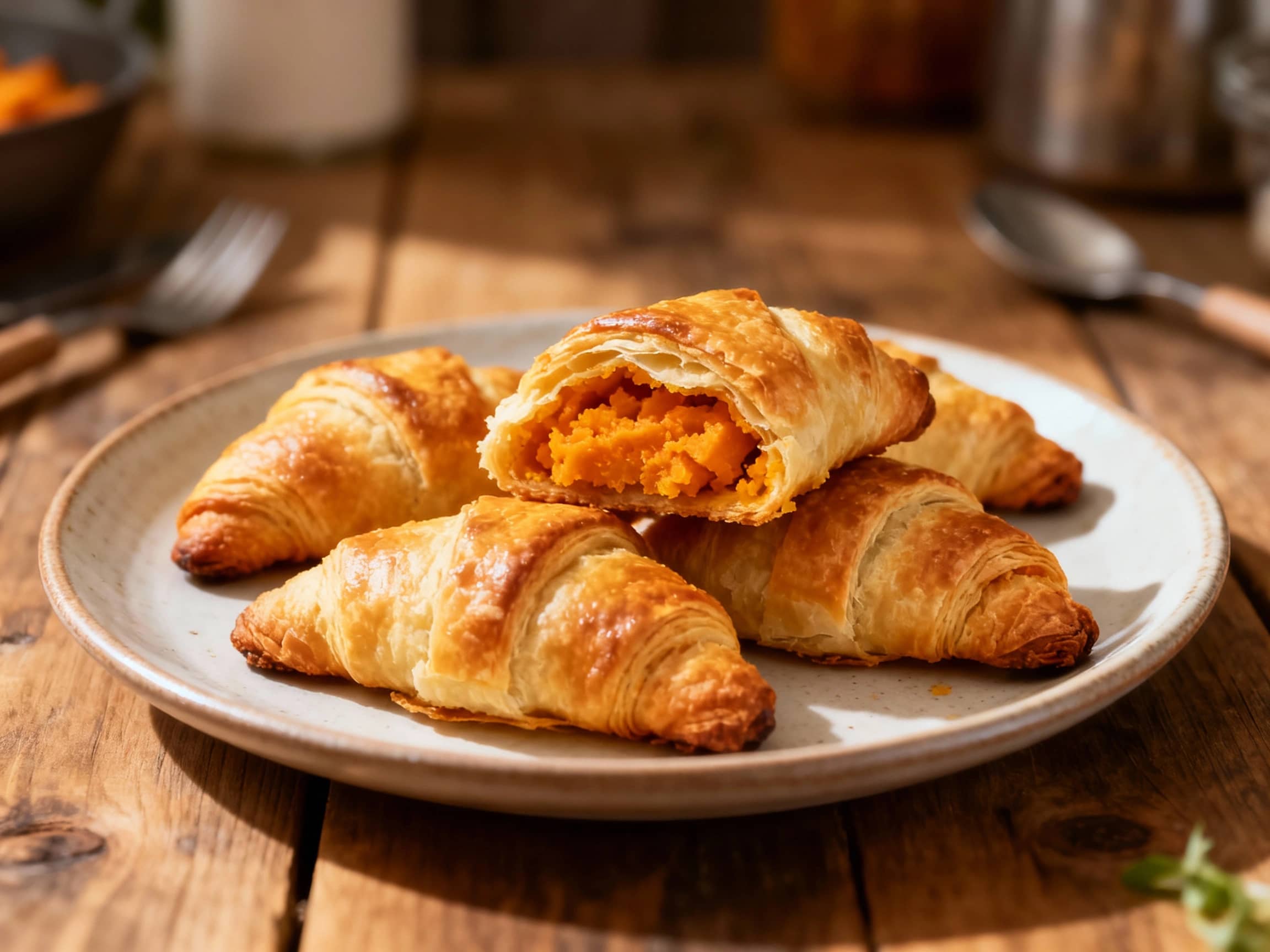 Warm, golden crescent rolls are stuffed with creamy, spiced sweet potato filling and topped with fresh rosemary sprigs for a delicious appetizer.