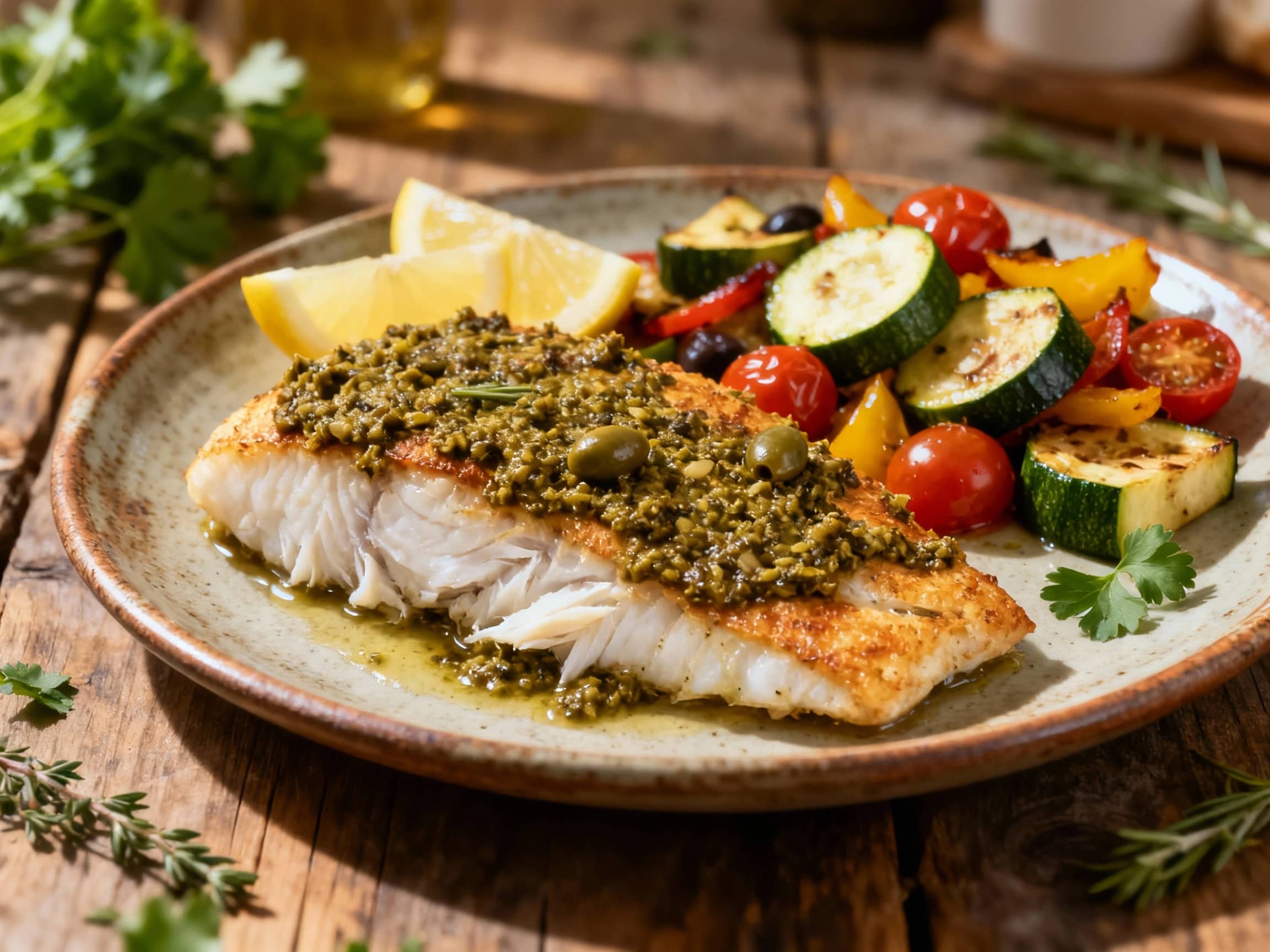 A flaky baked cod fillet, generously topped with a dark green olive and herb crust, rests on a bed of vibrant sweet potatoes, glistening under warm light.