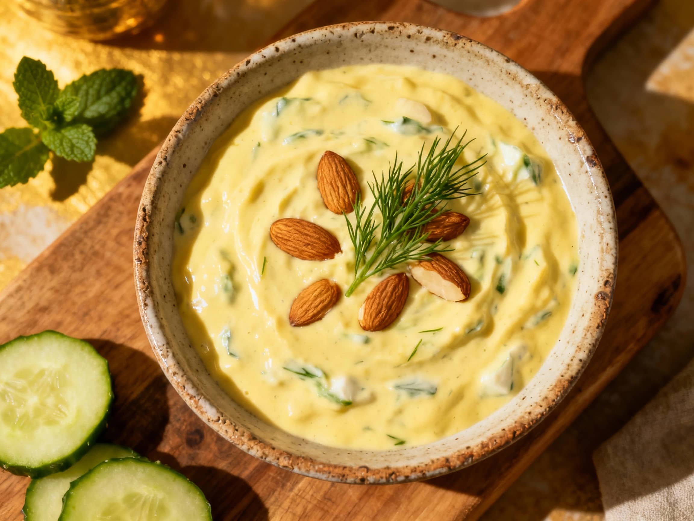 Creamy vegan tzatziki is generously dolloped into a white ceramic bowl, swirling with fresh dill and chopped cucumber, ready to be scooped with pita.