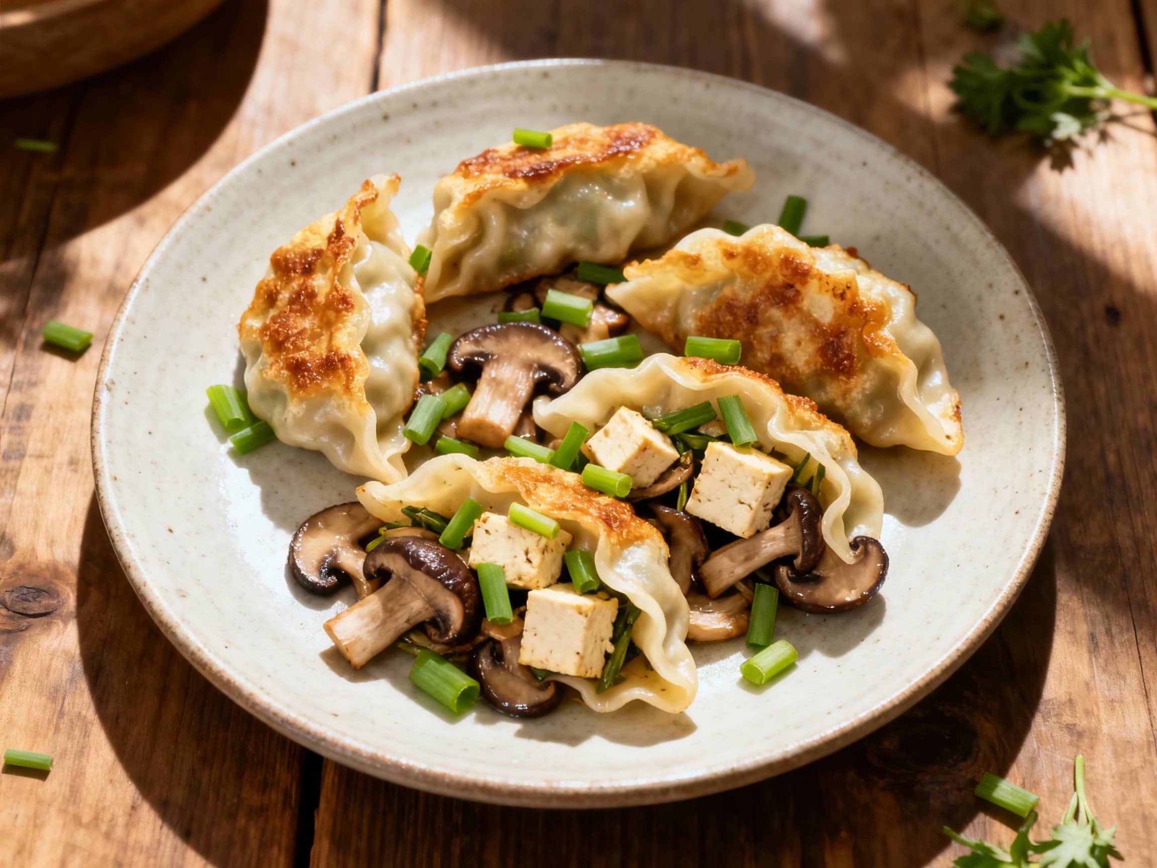 Golden brown pan-fried vegan gyoza, filled with savory shiitake mushrooms and tofu, are artfully arranged on a white plate, glistening with sesame oil and garnished with fresh green scallions.