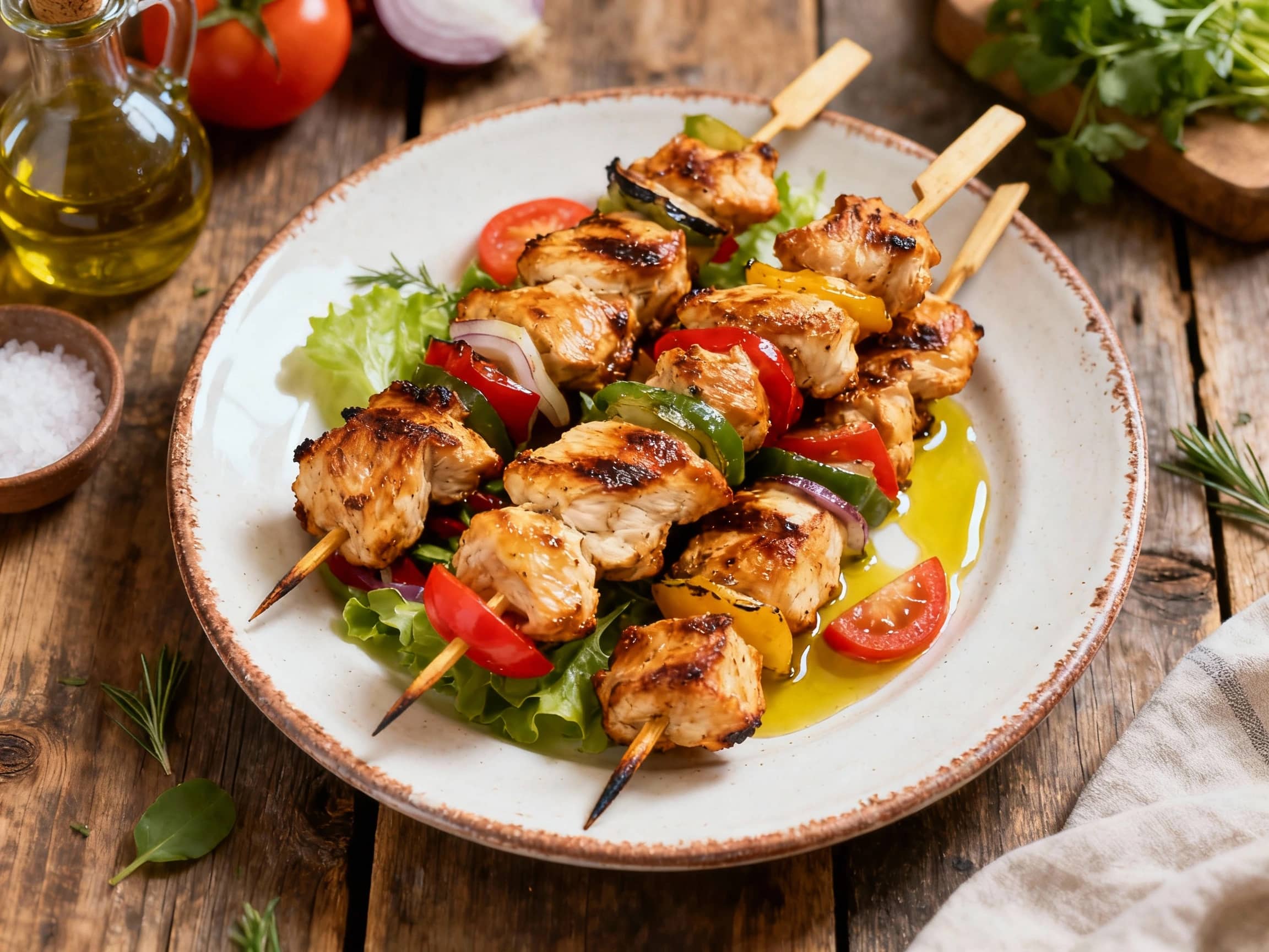 Golden-brown chicken souvlaki skewers glisten with marinade, artfully arranged on a white platter and garnished with fresh oregano, ready for a delicious meal.