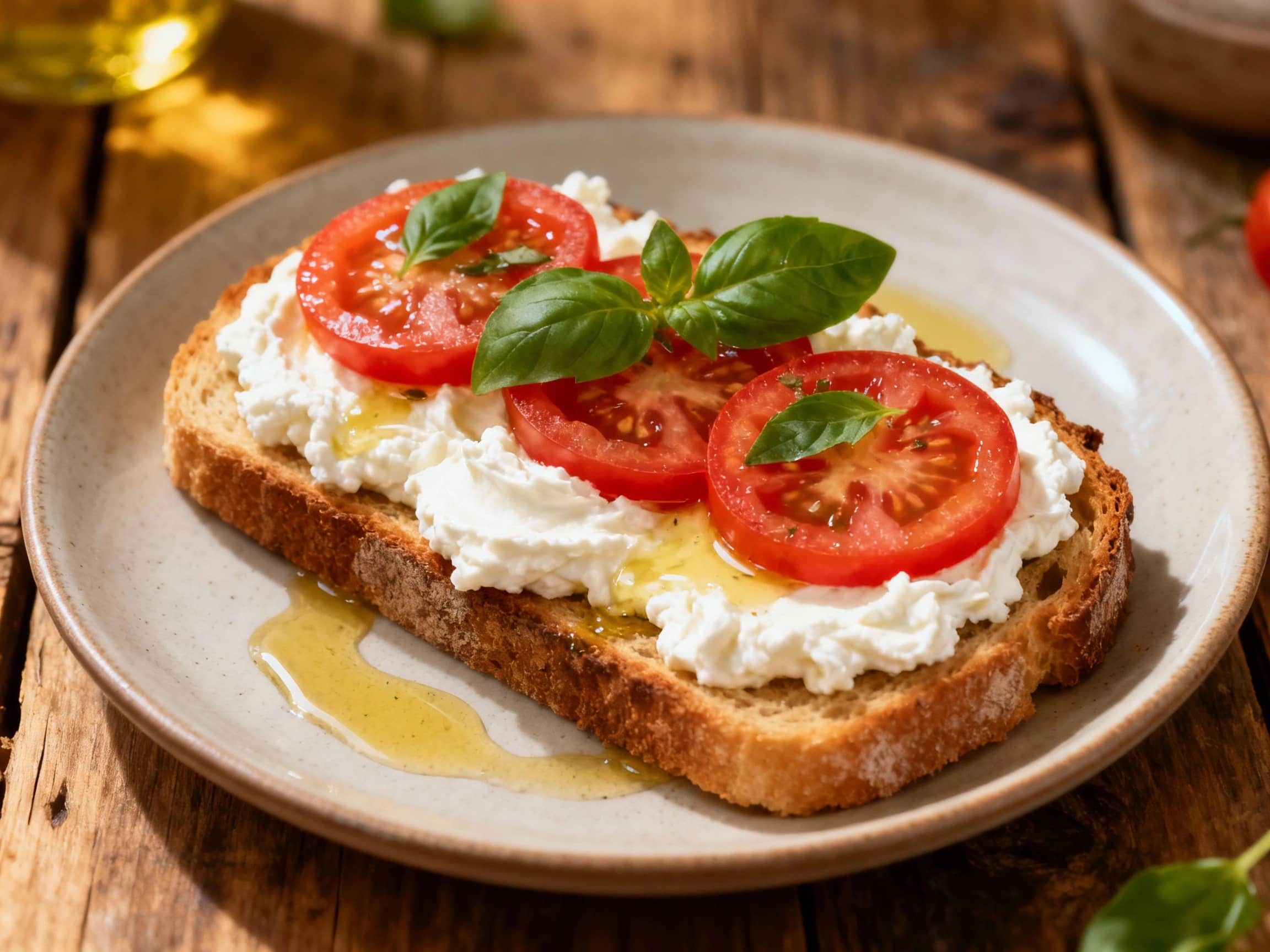 Creamy whipped ricotta is spread generously over toasted bread, topped with vibrant cherry tomatoes, fresh basil leaves, and a drizzle of balsamic glaze for a beautiful and flavorful bite.