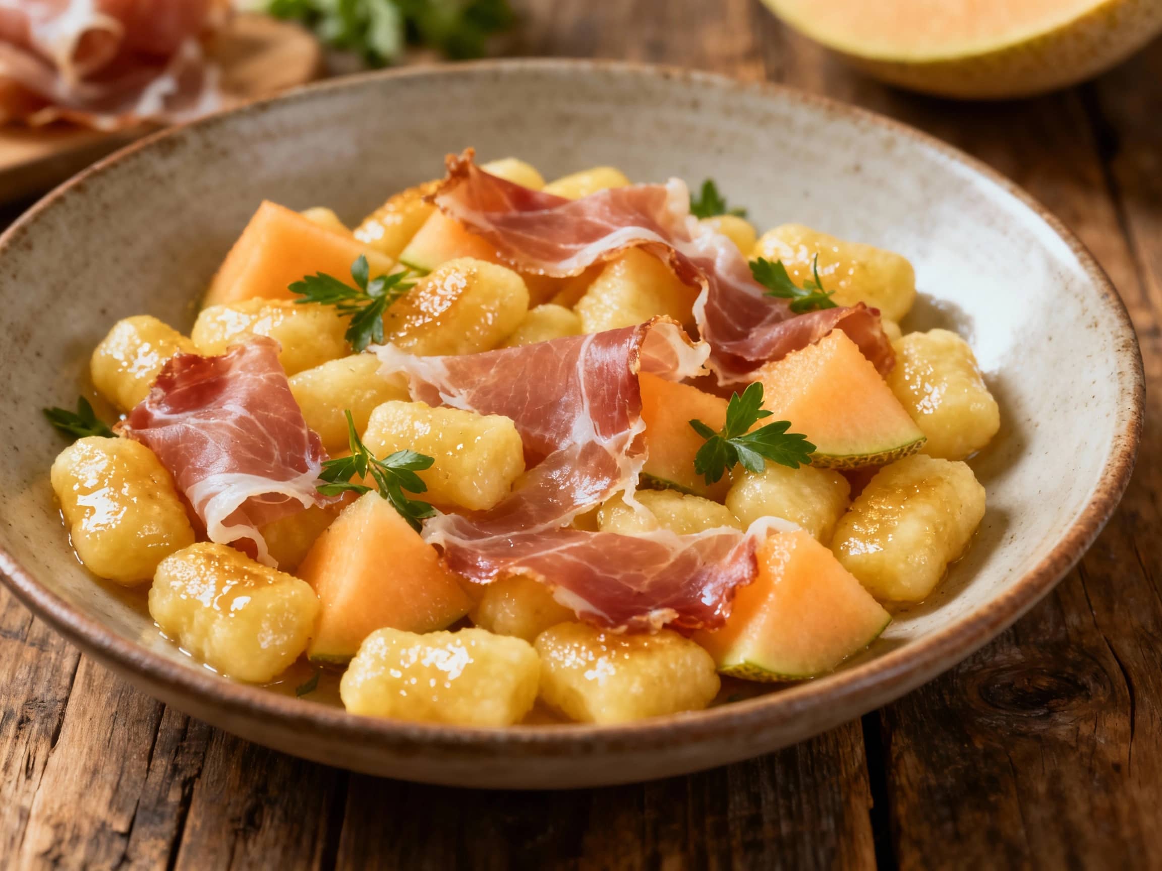 Golden potato gnocchi tossed with salty aged prosciutto and sweet cantaloupe chunks, artfully plated with fresh basil leaves.