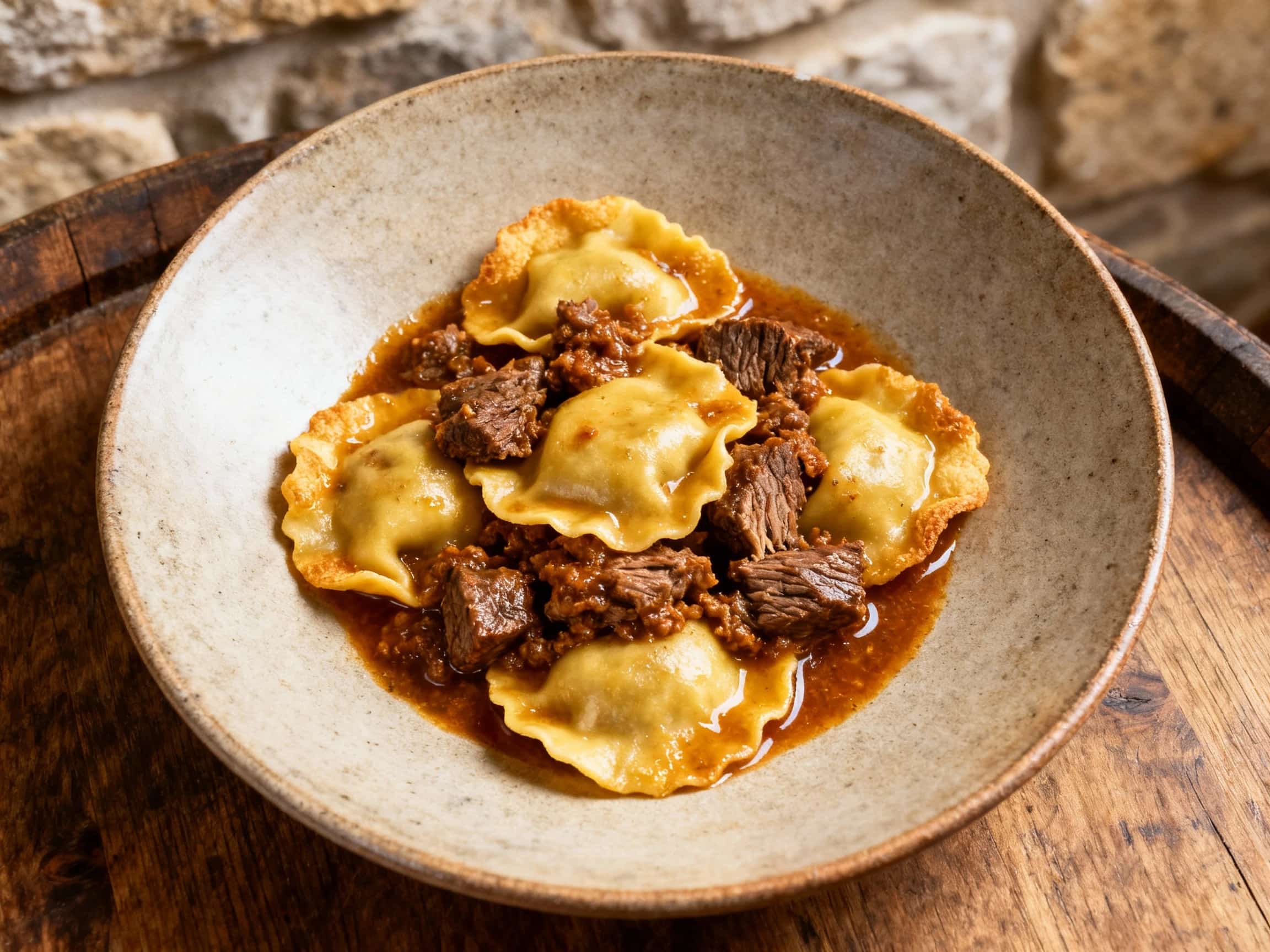 Tender, miniature agnolotti del plin pasta pillows are generously coated in a rich, slow-cooked beef ragu, a scattering of fresh parsley adding a vibrant green contrast.