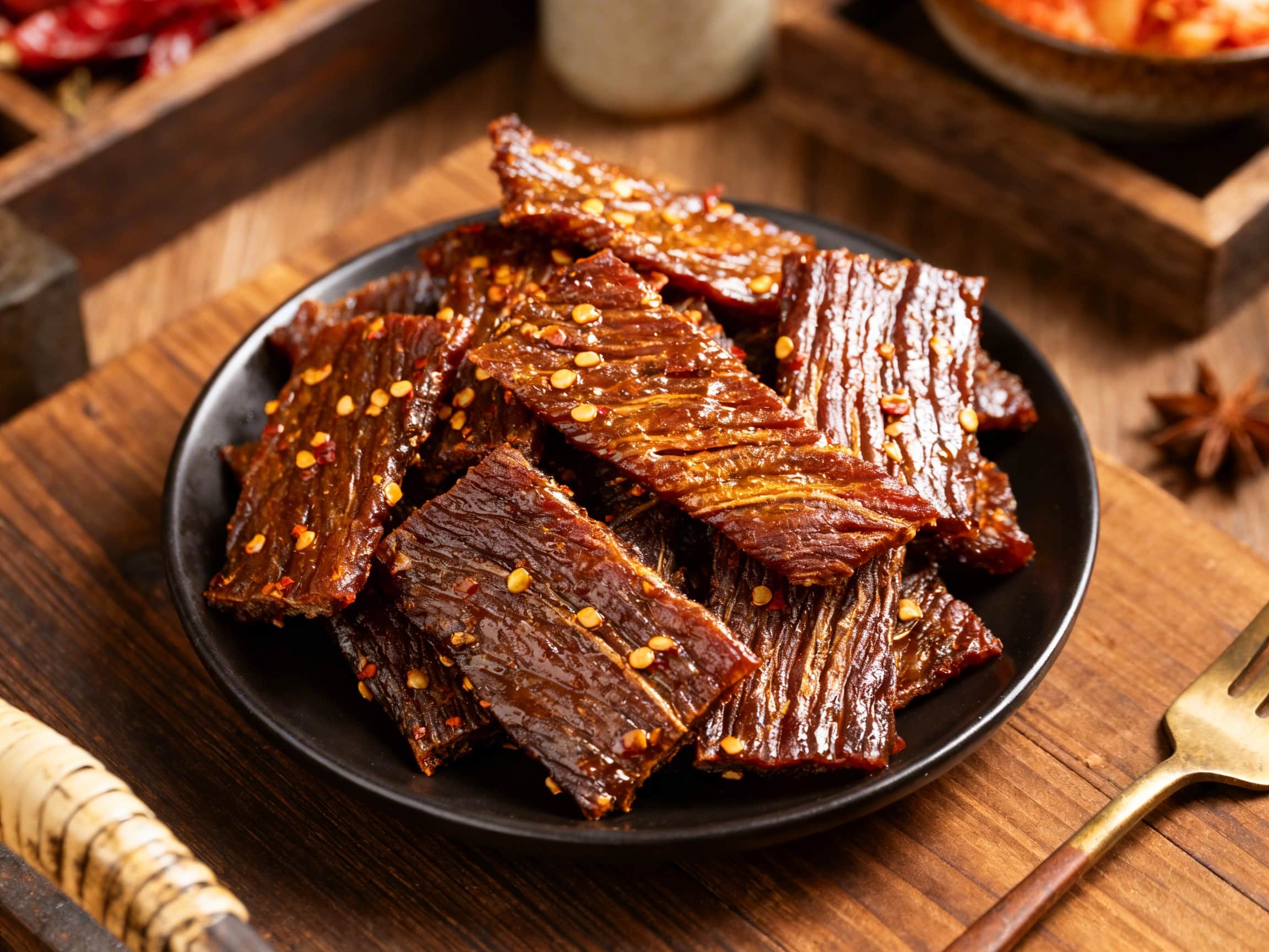 A rustic arrangement of vibrant, reddish-brown homemade beef jerky on a dark wooden board. The jerky pieces are irregularly shaped, showcasing visible flecks of red gochugaru chili and tiny sesame seeds, indicating a Korean-spiced flavor. A small bowl of dark dipping sauce, likely soy sauce, and a couple of distinct star anise pods are artfully placed beside the jerky, highlighting its unique arom