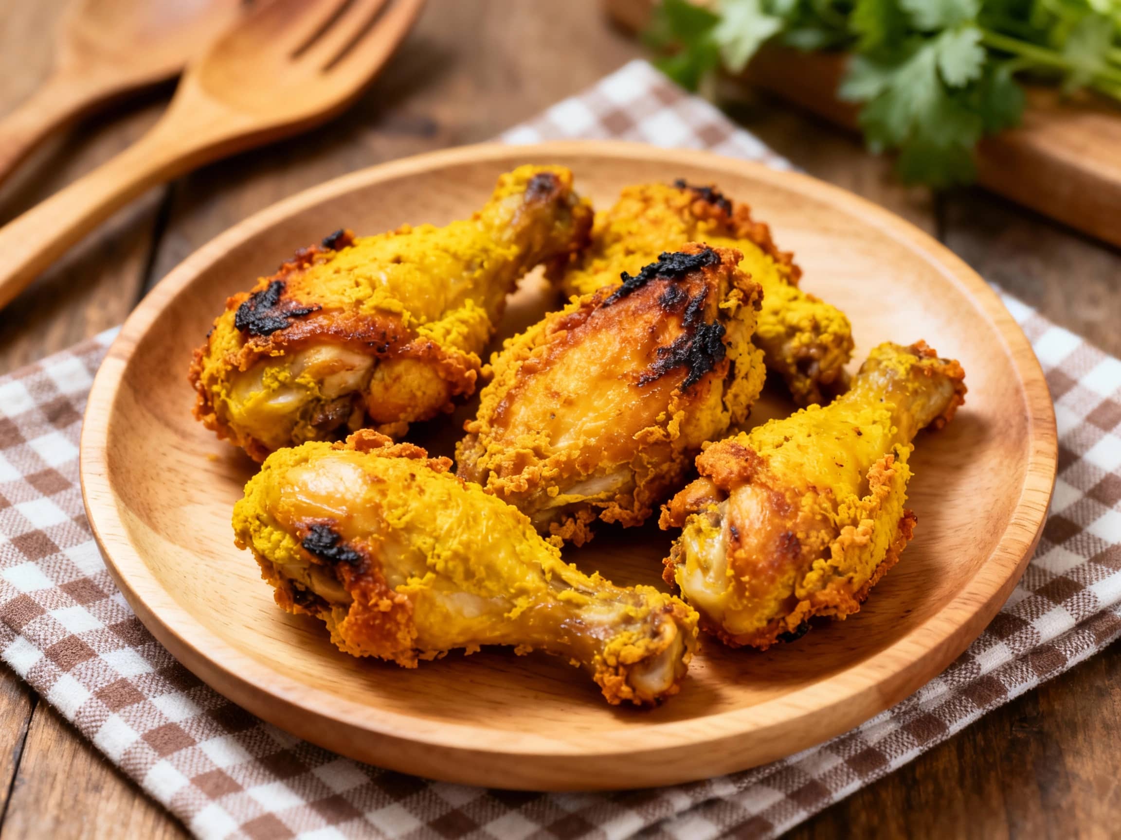 A platter of beautifully air-fried turmeric ayam goreng, showcasing its golden-brown, crispy skin. The dish is artfully presented on a banana leaf, accented with fresh cilantro and lime wedges, inviting viewers to imagine its delicious aroma and taste.