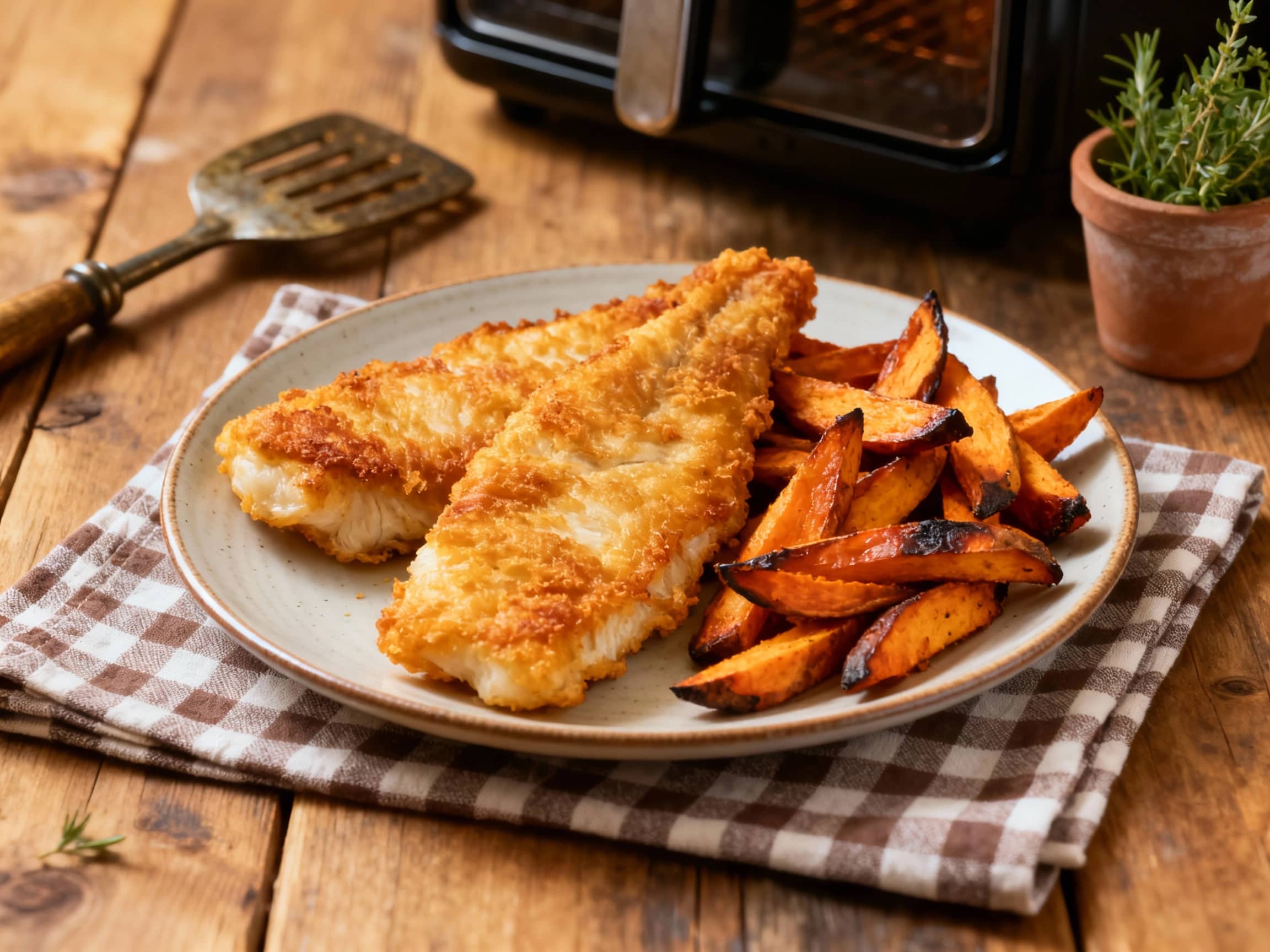 Golden-brown air fryer fish fillets are served alongside crispy sweet potato fries on a white plate, garnished with fresh parsley and lemon wedges, creating a bright and inviting meal.