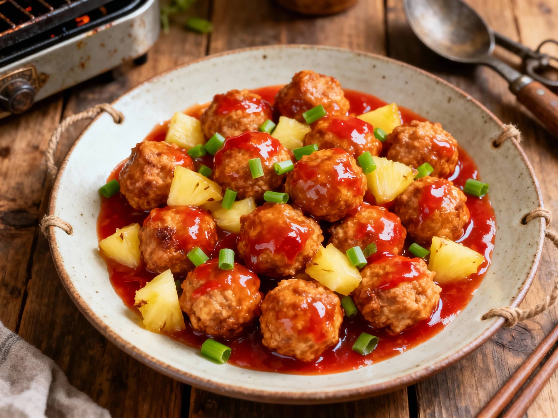 Golden brown, crispy sweet and sour pork balls are arranged invitingly on a white plate, glistening with a vibrant red sauce and garnished with fresh pineapple chunks and green bell pepper slices.